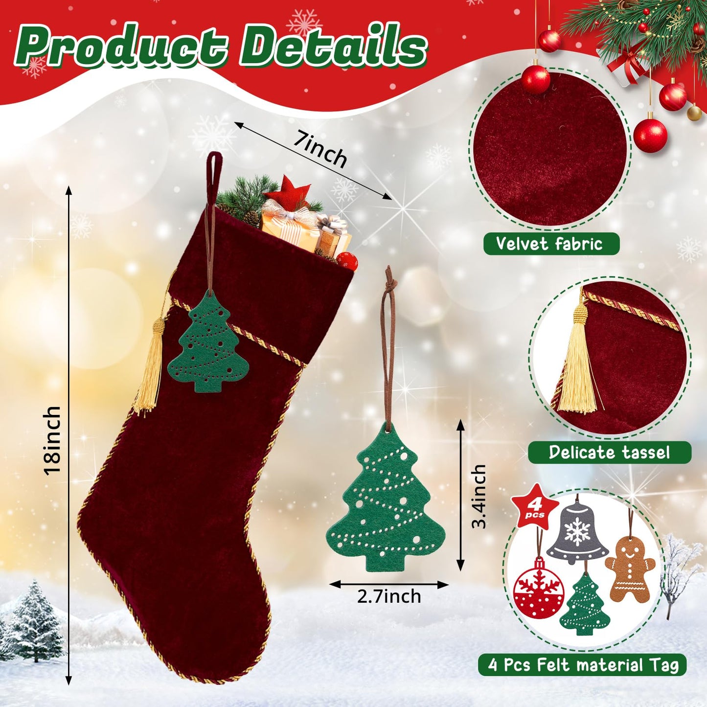 HiPeep 4 Pack Christmas Stockings, Red and White Luxury Velvet Christmas Stocking Set, Xmas Stocking for Fireplace, Tree Decorations