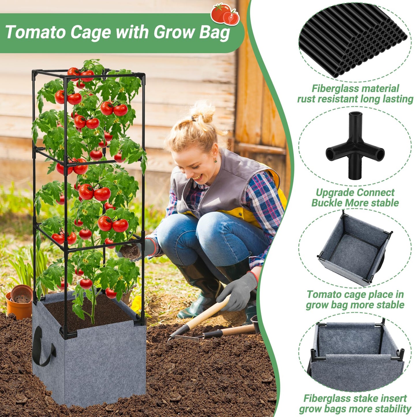 Qinzave 3 Pack Square Tomato Cages with Grow Bags, 42.5 Inch Stable Square Tomato Planter Support Stakes Kit for Garden, Tomato Cages Trellis Pots for Spring Climbing Vegetables Fruits Vines Flowers