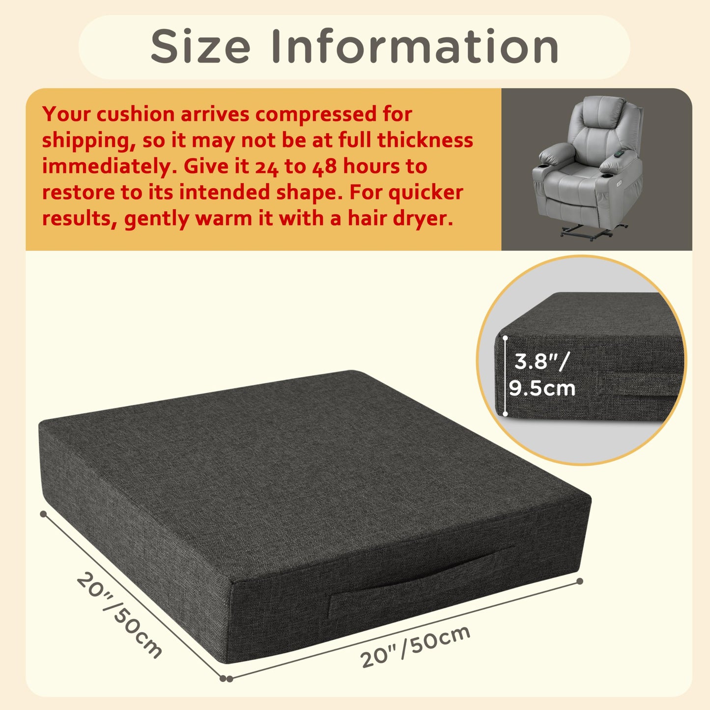 MineCozy Recliner Cushions for Elderly Square Chair Pads with Non-Slip Bottom for Couch Armchairs Booster Comfy 20"x20"x3.8" Recliner Cushion for Long Sitting with Washable Cover 1 Pack Dark Grey