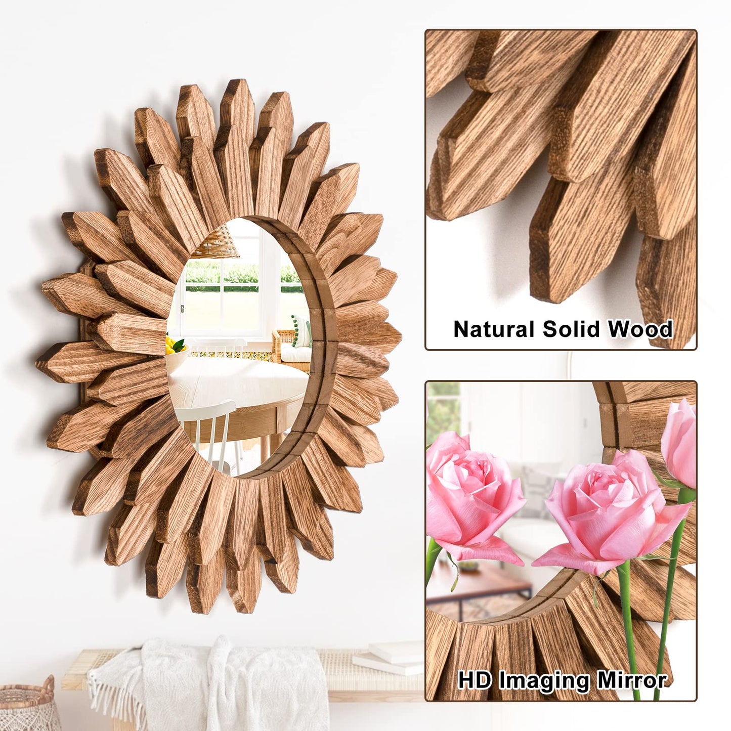 Emfogo Wall Mirror 12 inch Rustic Wood Sunburst Boho Mirror Wall Decor Home Decor for Bedroom Living Room Entryway Farmhouse (Carbonized Black)
