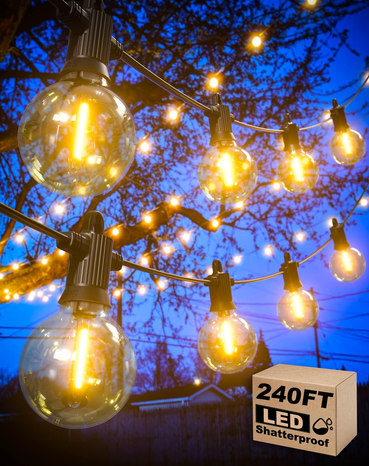 Zuske Outdoor String Lights Waterproof, 240FT Patio Lights with 124 Shatterproof G40 Globe Bulb(4 Spare), Connectable Dimmable Hanging LED String Lights for Outside Backyard Porch Balcony(120FTx2)