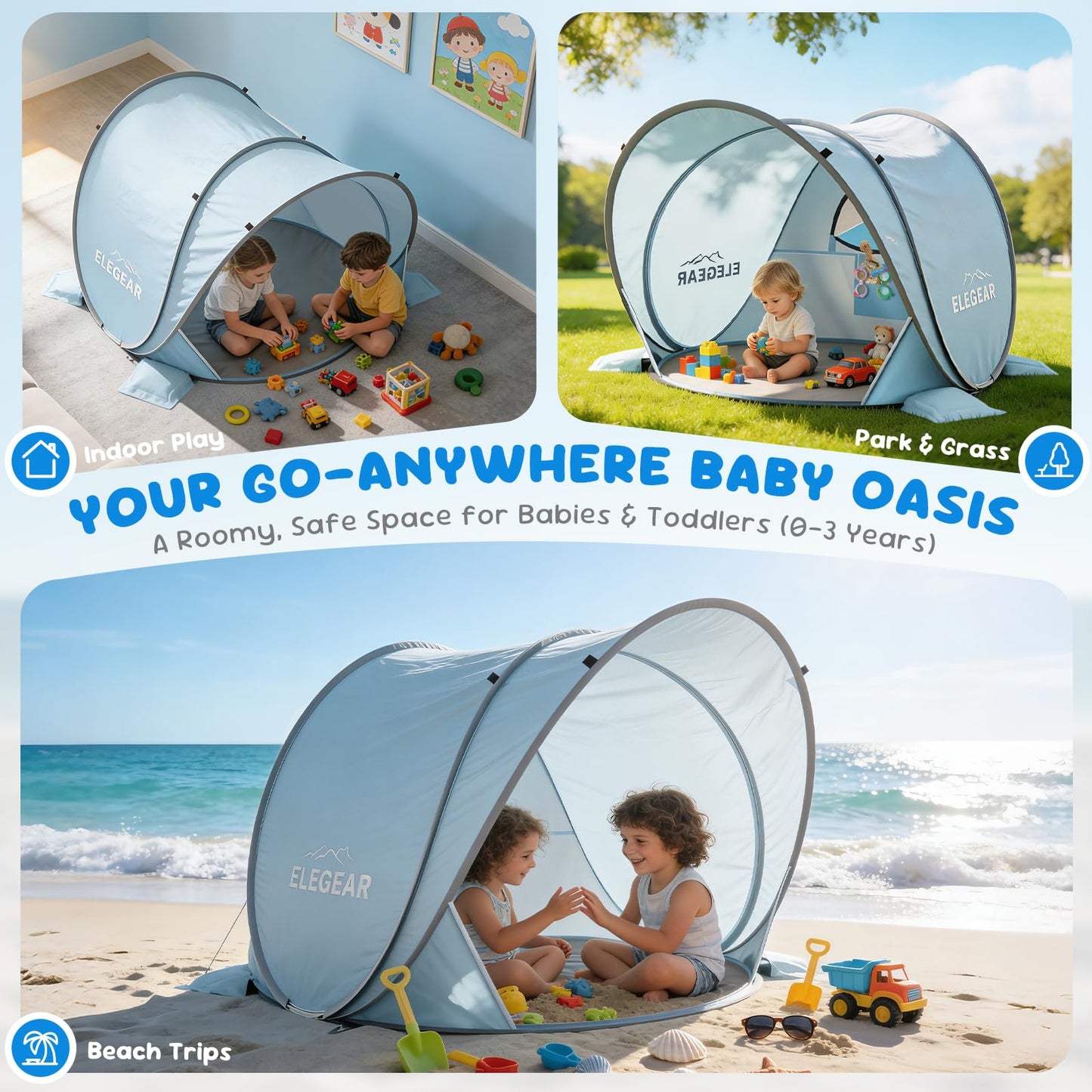 Elegear Pop Up Baby Beach Tent with Mini Canopy, CumbreX™ UPF 50+ UV Protection Baby Tent Sun Shelter, 1S Setup Portable Baby Beach Essentials Shade for Infant Toddler Outdoor Indoor Play - Blue