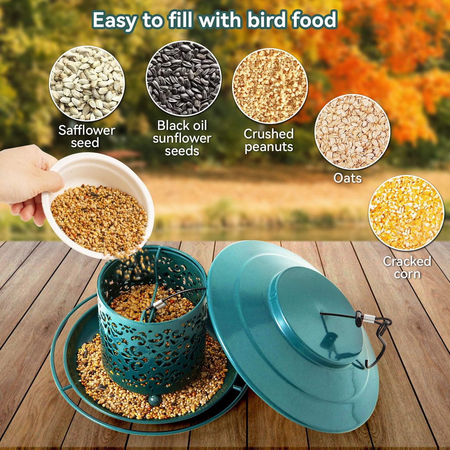 Godinsky Metal Bird Feeders for Outdoors Hanging, Weather Resistant Wild Bird Feeder with 360 Degree Feeding Tray (Green)
