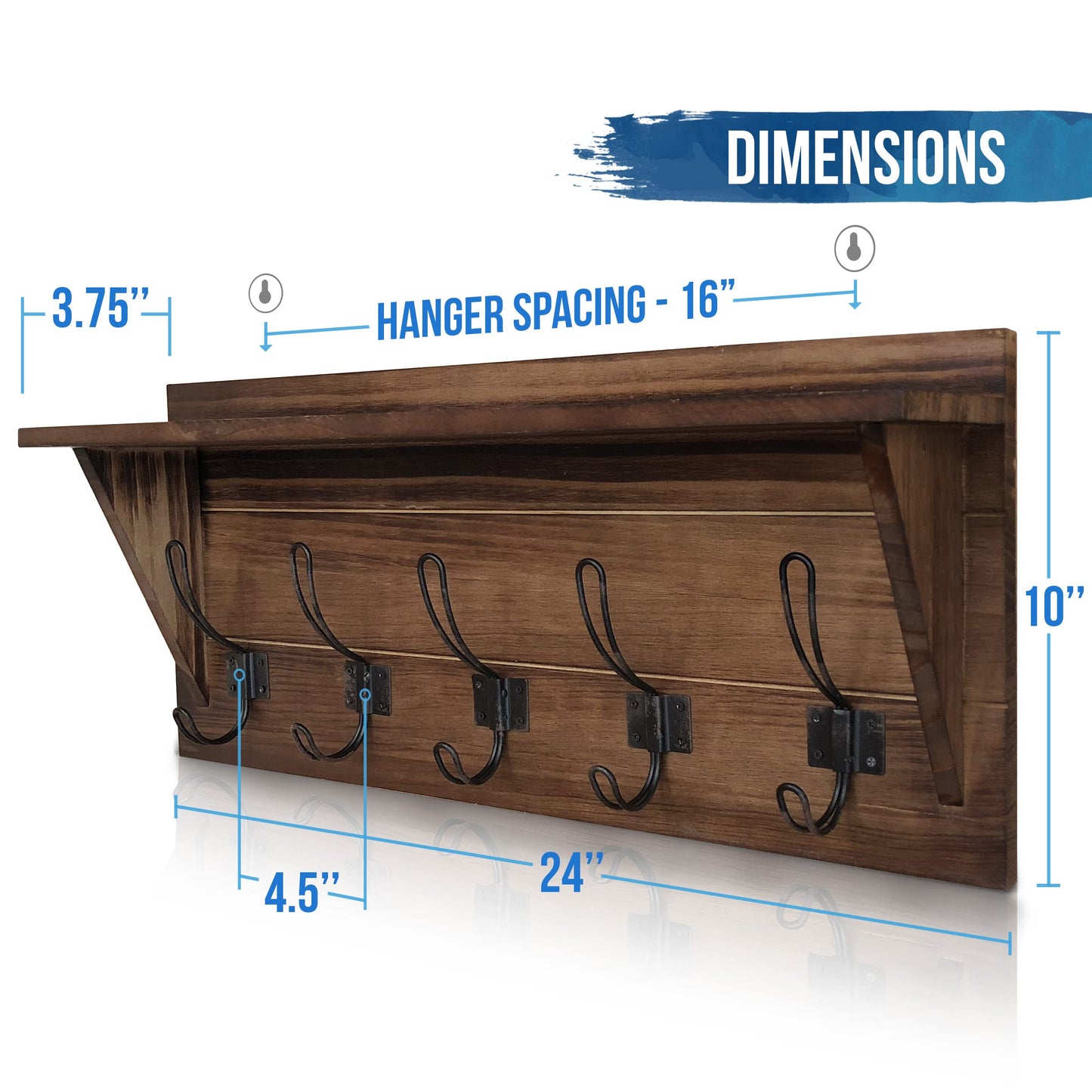 HBCY Creations Rustic Brown Solid Wood Wall Mounted Coat Rack with Shelf, 5 Hooks, 24" Long - Kitchen, Mudroom, Entryway, Bathroom - Includes Mounting Hardware, Coat Hanger, Dog Leash Hooks