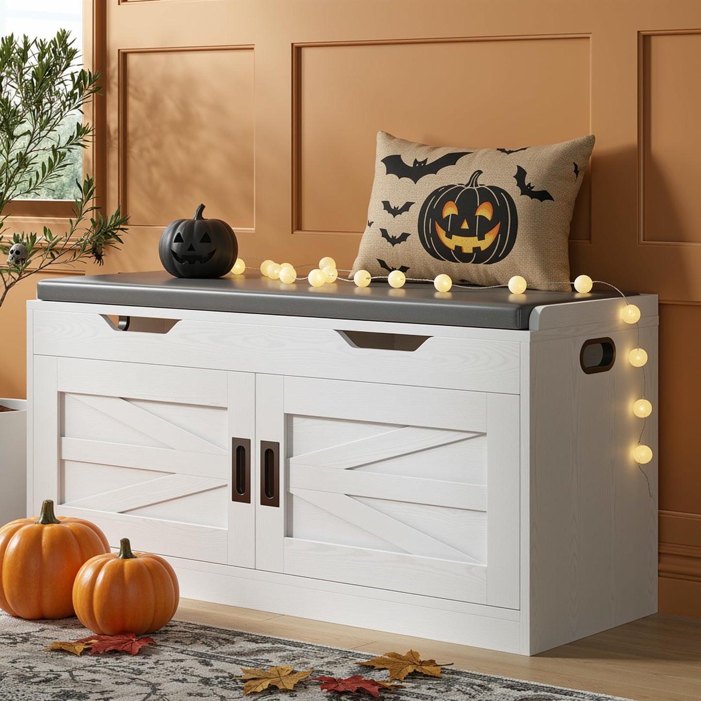 IRONCK Shoe Bench with Lift Top Storage, 42.4" Entryway Bench with Wider Cushioned Seat, End of Bed Bench with Adjustable Shelf & 2 Doors for Hallway, Bedroom, White