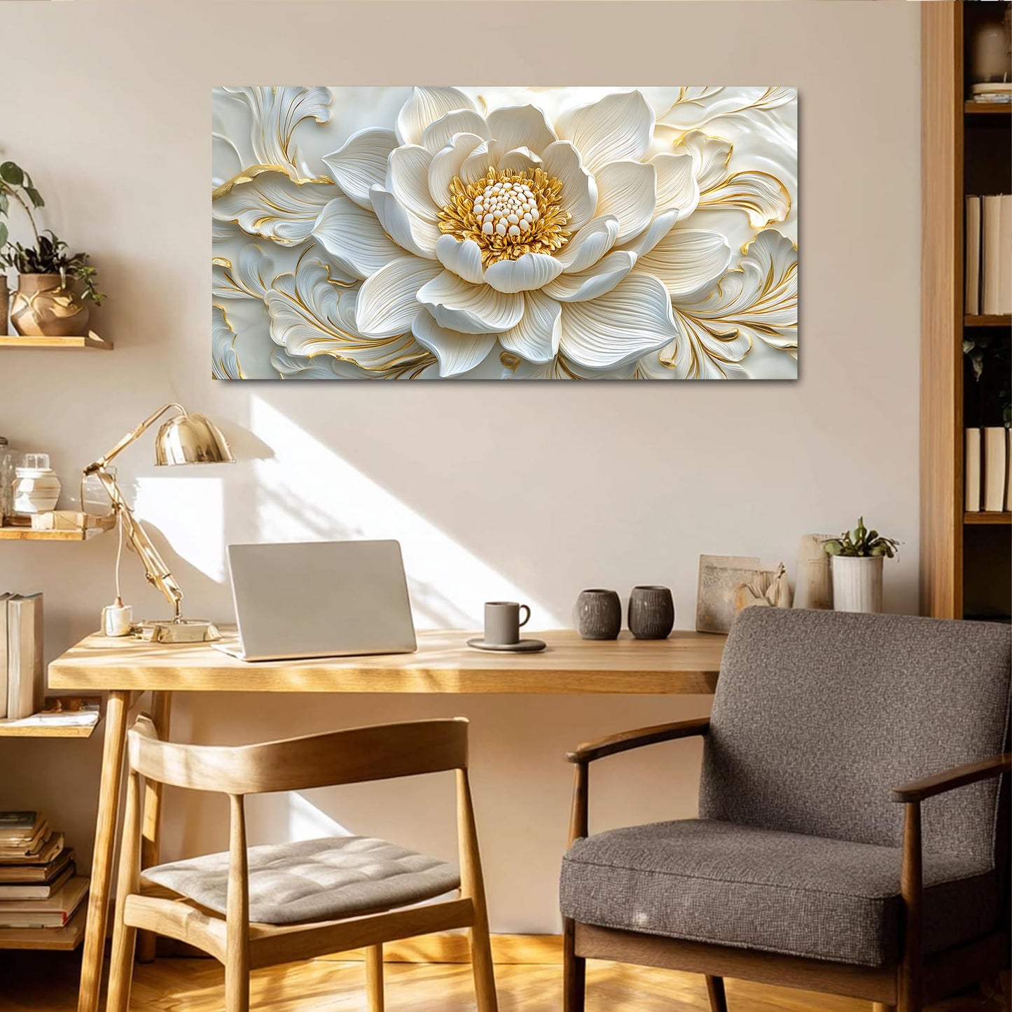 SSNEEKNDG White Floral Wall Art for Living Room Gold Flower Picture Large Botanical Artwork for Bedroom Office Canvas Prints Ready to Hang 20"x40"