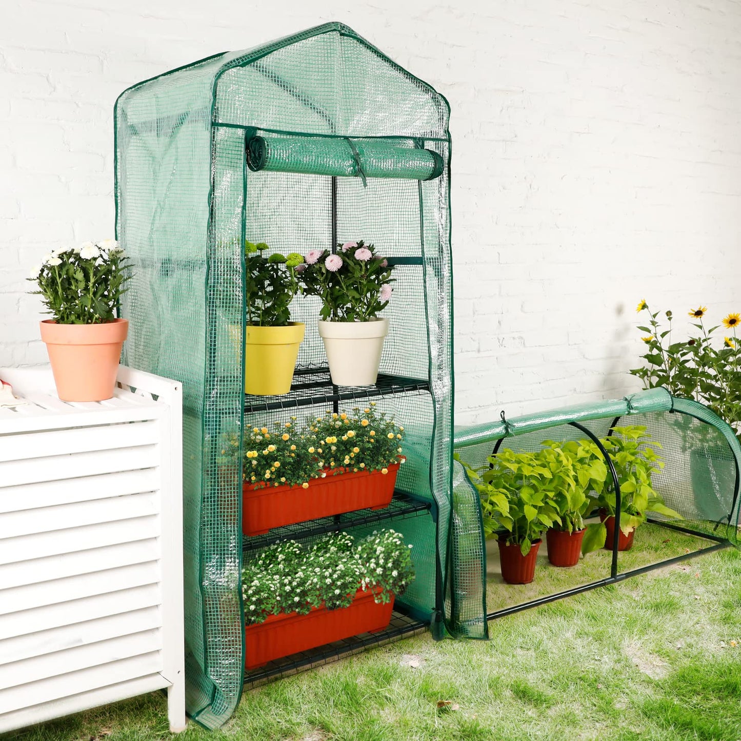 Worth Garden 4 Tier Mini Greenhouse - 63'' H x 27'' L x 19'' W - Sturdy Portable Gardening Shelves with Durable PE Cover w/ Roll-Up Zipper Door- Small Green House Indoor & Outdoor for Plants Flowers