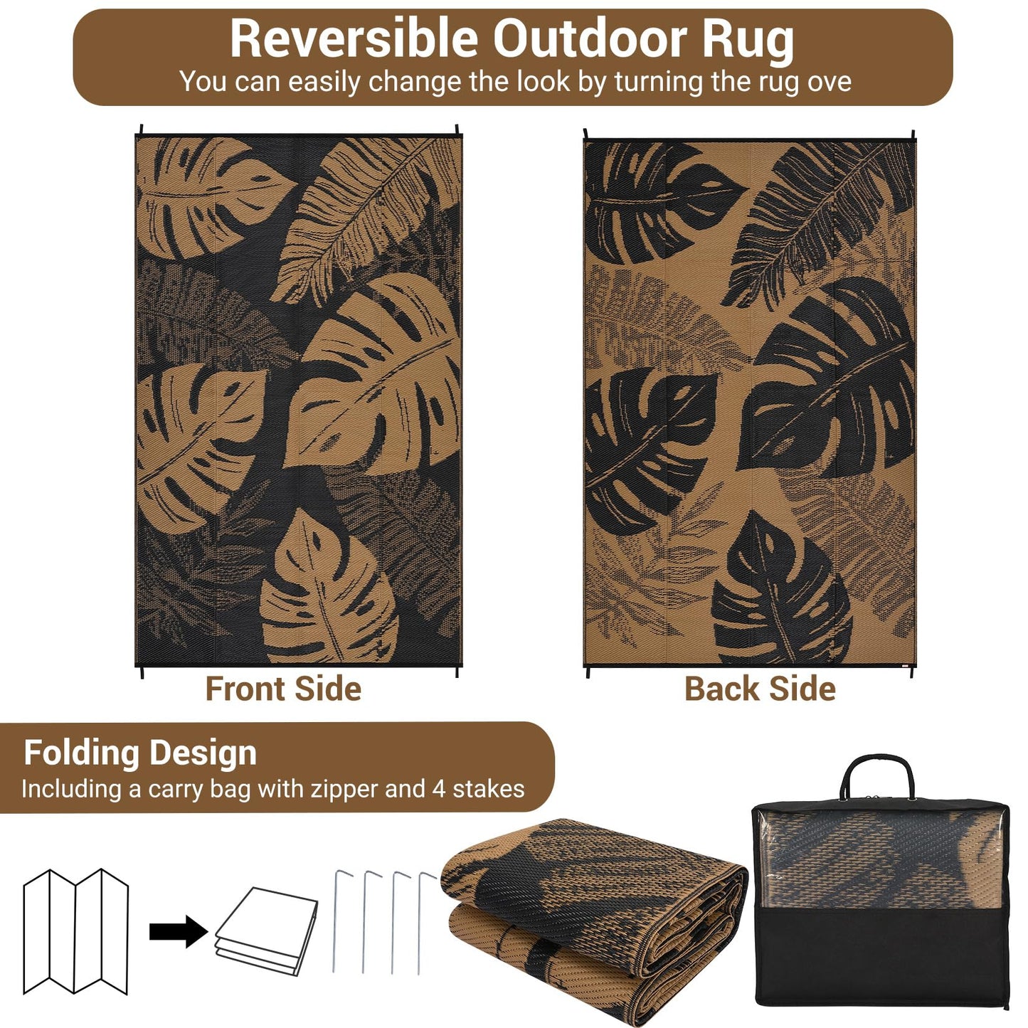 GAOMON Outdoor Rugs 8x10 Waterproof Reversible Plastic Straw Rug Modern Patio Rug, Foldable Lightweight RV Camping Mat with Portable Bag & 4 Stakes, UV Resistant & Sturdy for Picnic, Brown