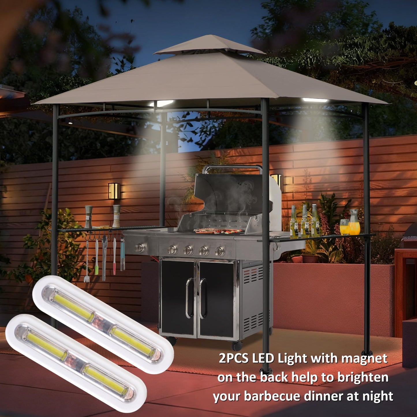 FAB BASED 5x8 Grill Gazebo, All-Weather Steel Construction, Double Tiered & Resistance Canopy Roof, Metal Serving Shelves, 2 LED and Bottle Opener for Patio, Backyard, BBQ (Beige)