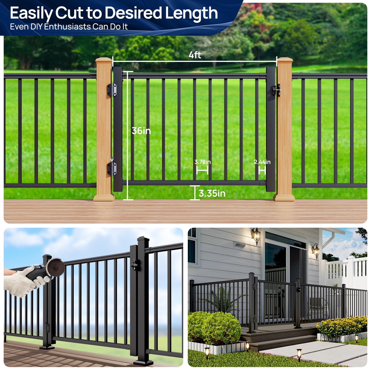 Egadis 4 ft. W Aluminum Deck Gate Kit for 36in. H Railing, Cuttable Black Textured AAMA2604 Powder-Coat Finish Outdoor Gate Kit with Latch and Auto-Closing Hinge for Deck, Patio, Garden, Yard, Porch