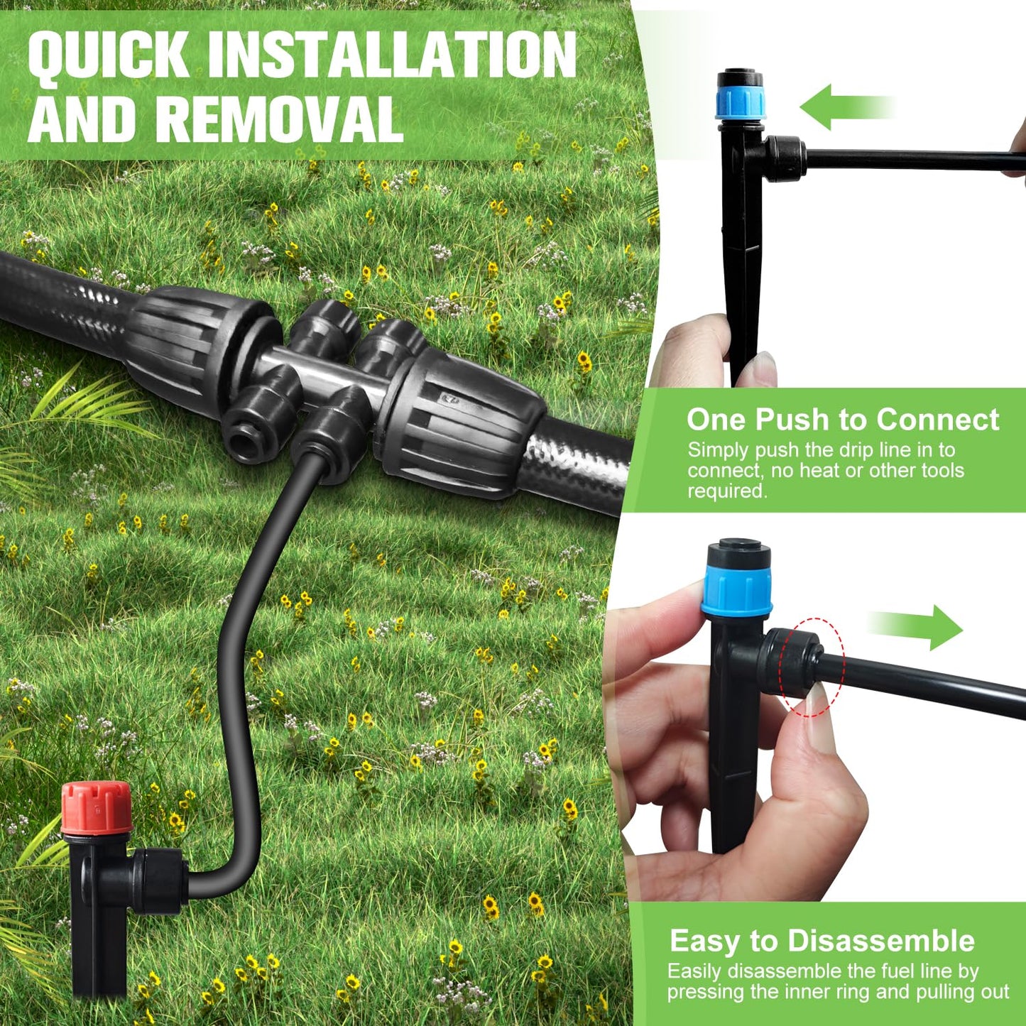 TJJFMM 230FT Drip Irrigation System for Garden with 40 Nozzles & Emitters, Garden Watering System with 1/2" & 1/4" Tube and Barbed Fittings - Adjustable Sprinklers Kit for Greenhouse, Lawn, Raised Bed