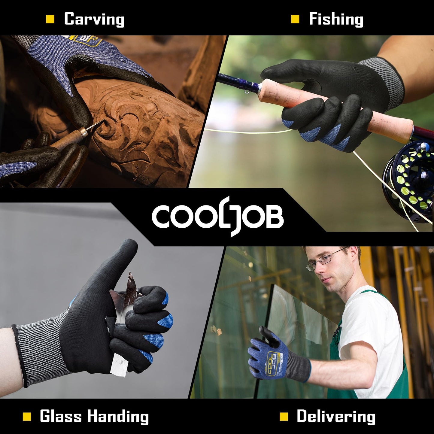 COOLJOB ANSI A9 Cut Resistant Gloves - 1/3 Pairs, Touchscreen Highest Knife Proof Level with Microfoam Nitrile Coated, Safety Work Gloves for Wood Carving, Glass Work, Construction, Blue Large