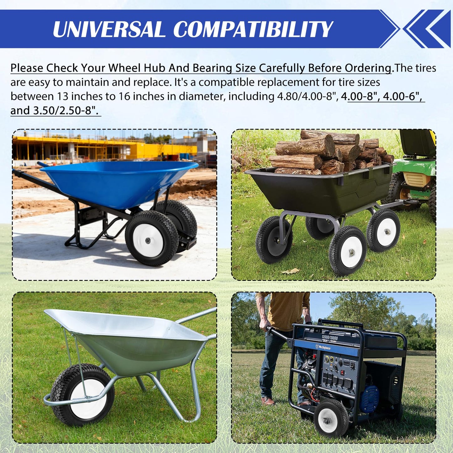 4.80/4.00-8 Tire, 14.5" Flat-free Solid Tire Wheels with 5/8" Axle Bore Hole, 3-7" Centered Hub, Universal Fit 4.80/4.00-8, 3.50/3.00-8, 4.00-6 Wheelbarrow Wheels(White, 1 Pack)
