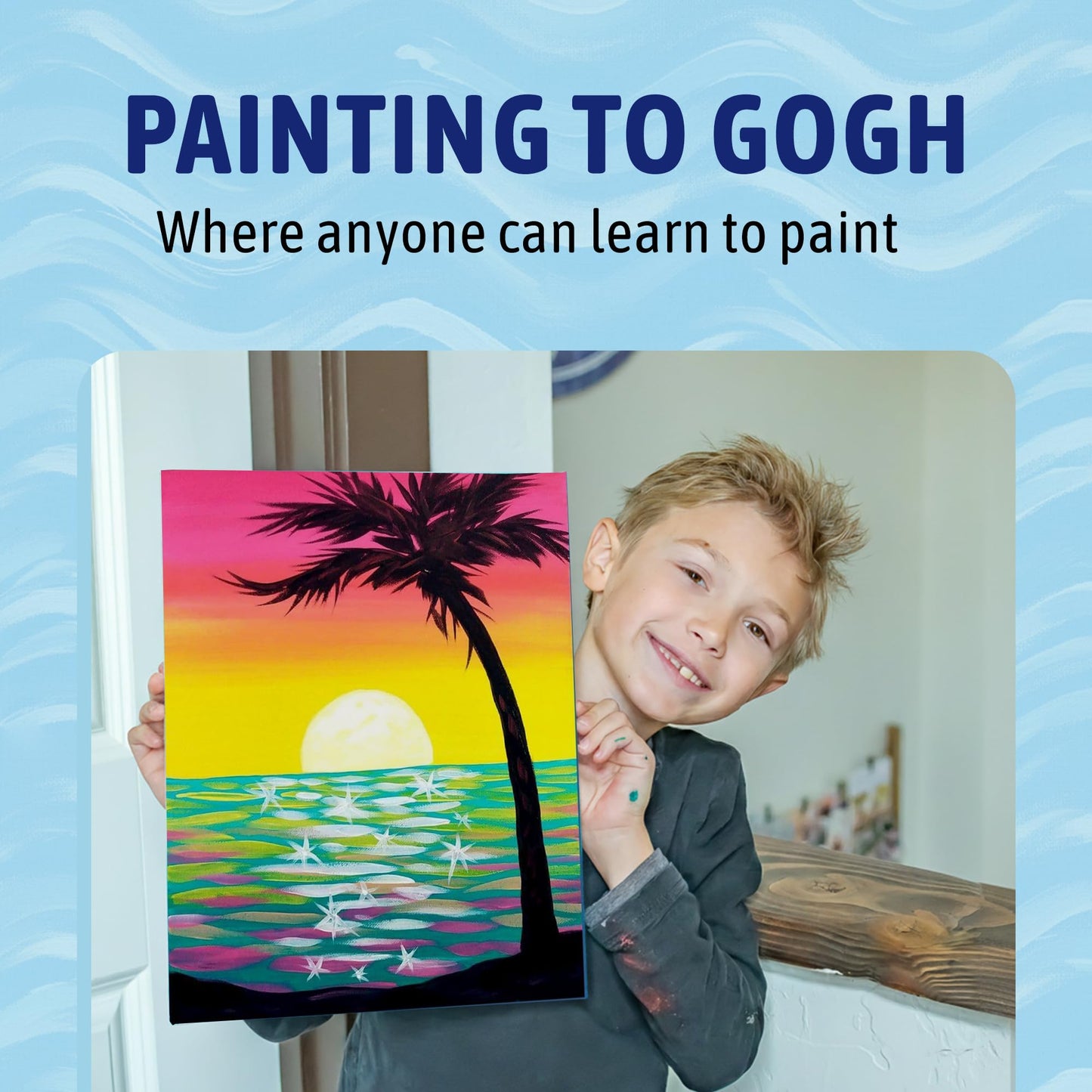 Painting to Gogh - Where the Sky Meets the Sea – Junior Artist Painting Kit – Ages 6+ – 11x14 Canvas, 3 Paint Brushes, Acrylic Paint, Cardboard Easel, Palette, Apron & Step-by-Step Tutorial for Kids