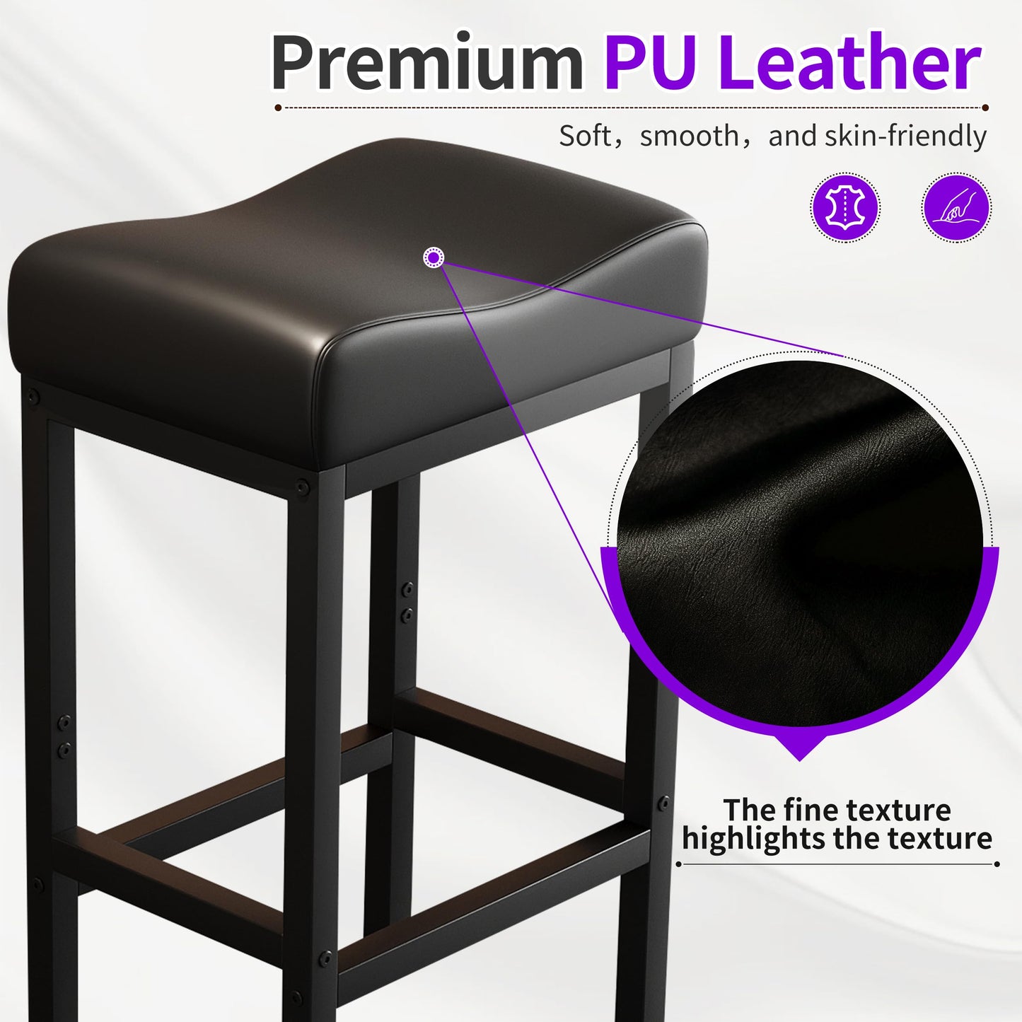 Monhey 30 Inch Bar Stools Set of 2 - Counter Height Bar Stools with Soft Leather Seat, 300LB Heavy Duty Backless Padded Barstool Chair Easy Assembly for Modern Kitchen Island Counter (Black)
