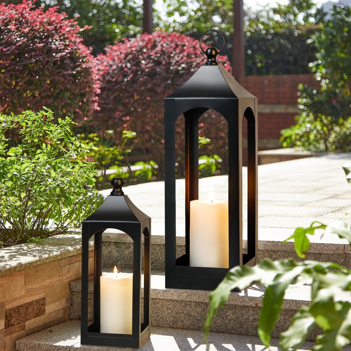 Modern Farmhouse Lantern Decor, Black Metal Decorative Hanging Candle Lanterns Ideal for Home Decor, Parties & Events, 15.1" High (No Glass Panel)