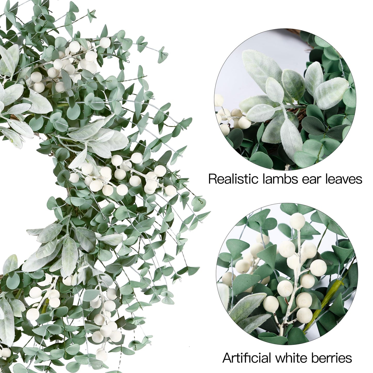 Sggvecsy Artificial Greenery Leaves Wreath for Front Door 22 Inch Greenery Boxwood Wreath with Flocked Lambs Ear White Berries for Spring Summer Farmhouse Wall Home Indoor Outdoor Decor