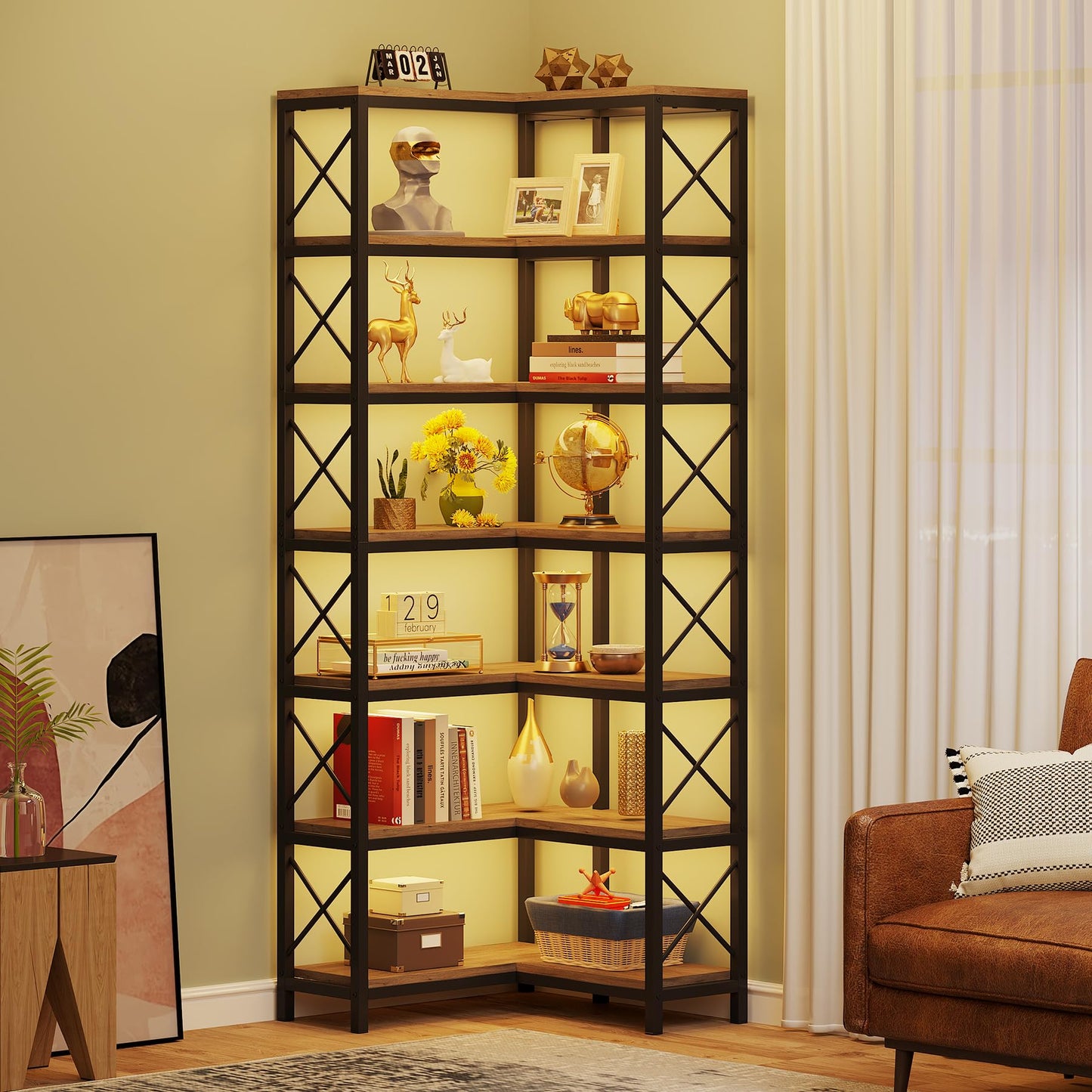 Tribesigns 7-Shelf Corner Bookshelf,Large Modern Corner Bookcase, 7-Tier Tall Corner Shelf Storage Display Rack with Metal Frame for Living Room Home Office (Grey)