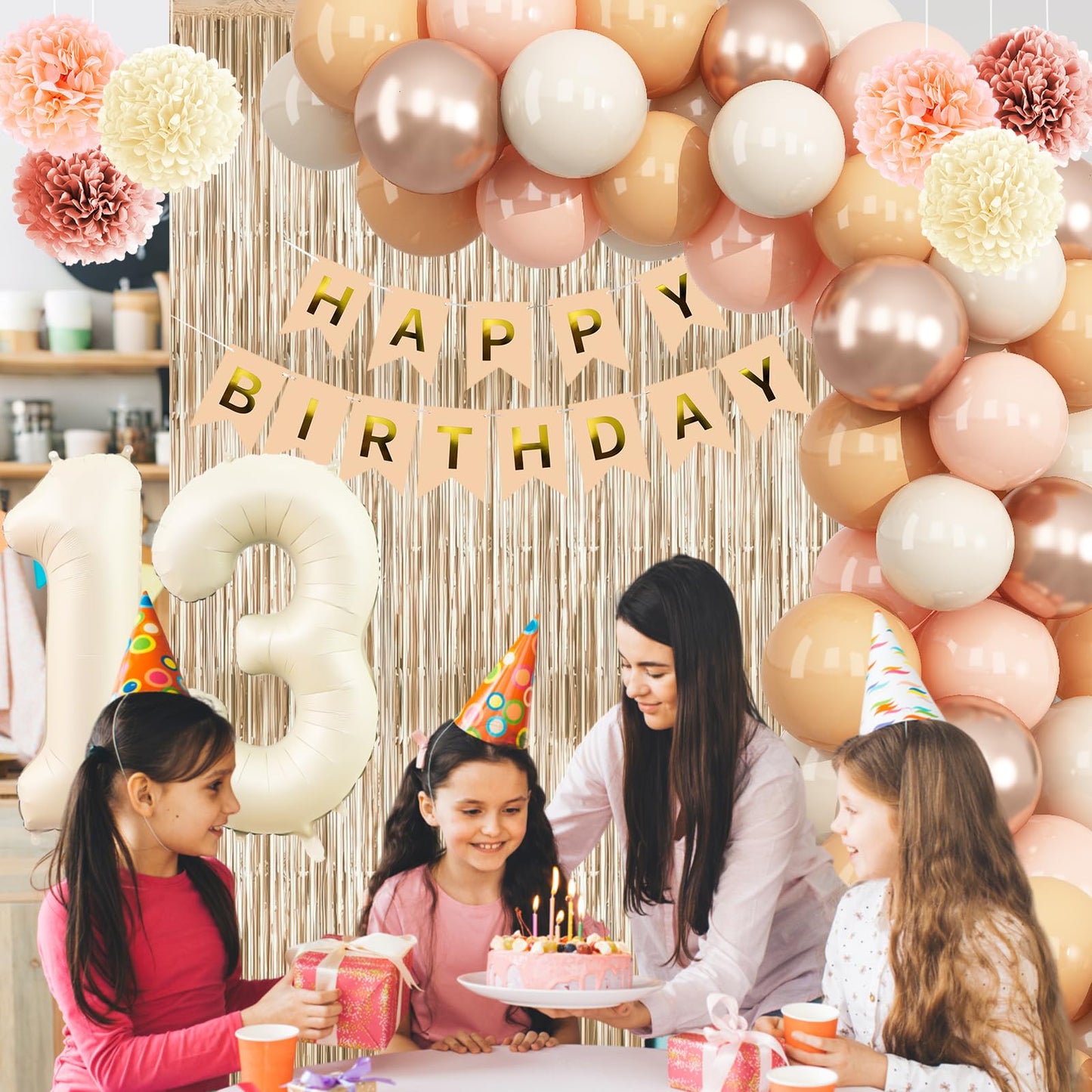 Beige 13th Birthday Decorations Girls Boys Cream Number 13 Balloon Nude Gold Happy Birthday Banner Fringe Curtain Paper Pom Poms Blush White Sand Champagne Star Foil Balloons Neutral Boho Party Decor
