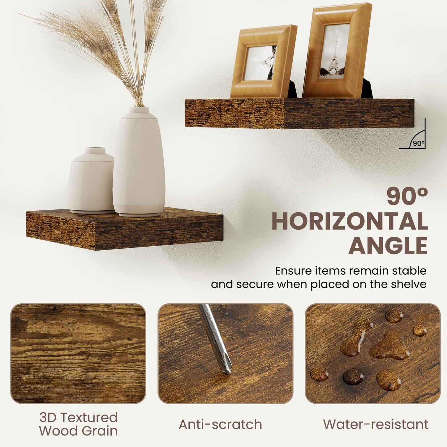 Floating Shelves for Wall 9 Inch,9.3" Deep Square Floating Shelf Set of 3,Wall Shelves Hanging Shelf with Invisible Brackets,Wall Mounted Shelf for Kitchen Living Room Bedroom Bathroom,Rustich Brown