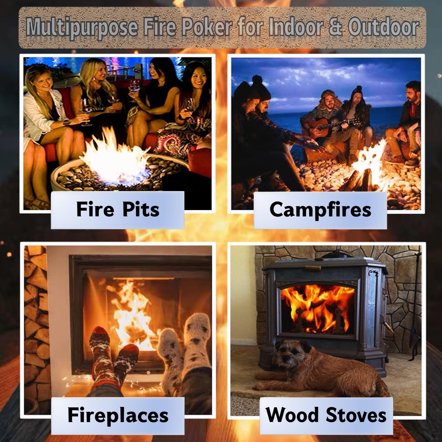 Fire Poker for Fire Pit, Heavy Duty 34-Inch Solid Steel Fireplace Poker, Portable Removable Design Poker Fire Poker for Fire Pit Outdoor Fireplaces Solo Stove Campfires & Indoor Use