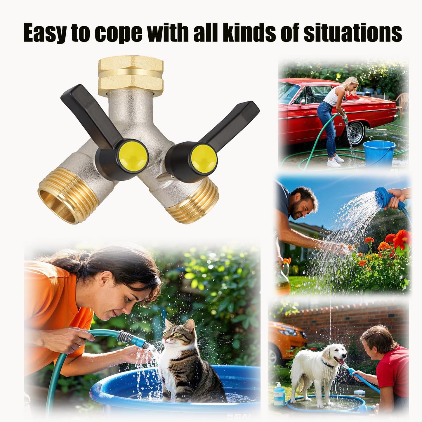 EJW Hose Splitter 2 Way, Garden Hose Splitters, 2 Way Faucet Splitter, Water Spigot Splitter, RV Brass Hose Splitter, Two way Hose Bib Splitter, Double Hose Connector, Hose Valve 3/4 Inch GHT Thread.