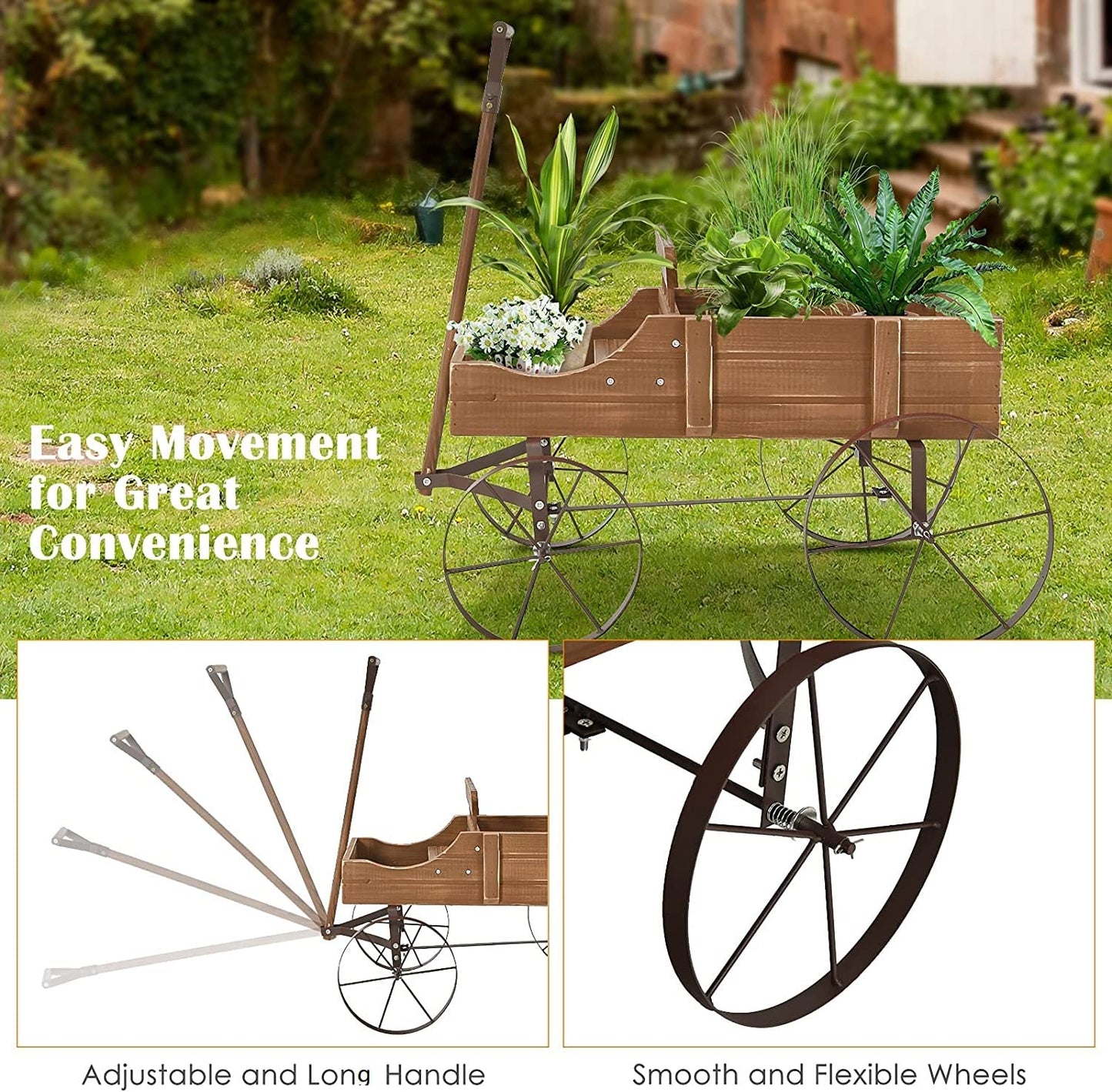 Goplus Wagon Planter, Decorative Wooden Garden Planter with Wheels, 2 Planting Sections and Adjustable Handle, Indoor Outdoor Backyard Balcony Decor (Brown)