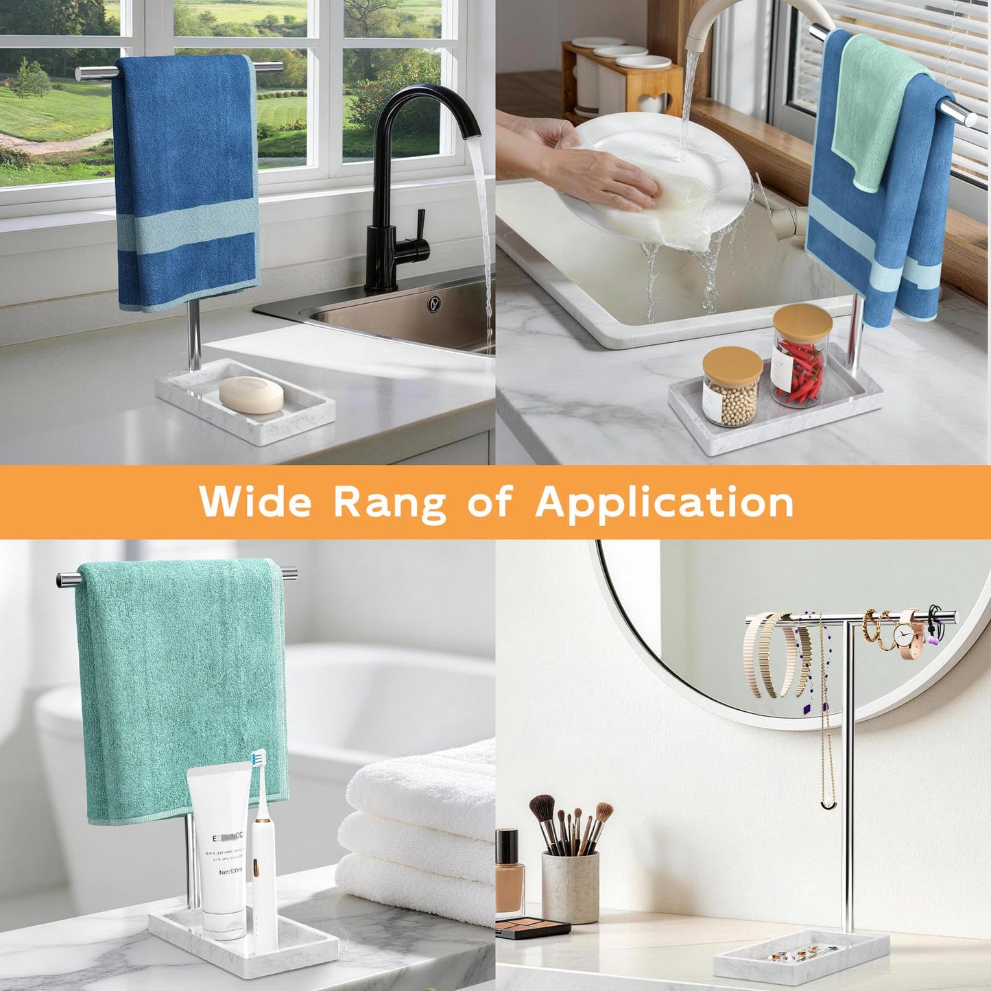 Volnamal Hand Towel Holder, 2 in 1 T-Shape Hand Towel Stand for Bathroom with Marble Base Tray, Hand Towel Rack Standing for Vanity Kitchen Countertop, Stainless Steel (Brushed)