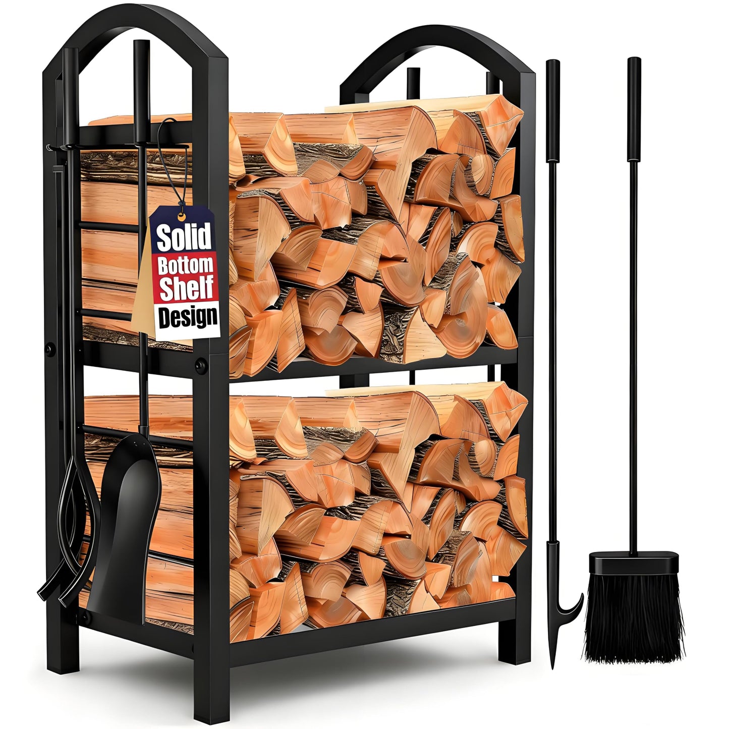 AMAGABELI GARDEN & HOME Firewood Rack Indoor with Tools 5-Piece Fireplace Tools Set Wood Holder Outdoor Wrought Iron Log Holder Firewood Storage Rack for Fireplace,Fire Pit,Wood Stove Black