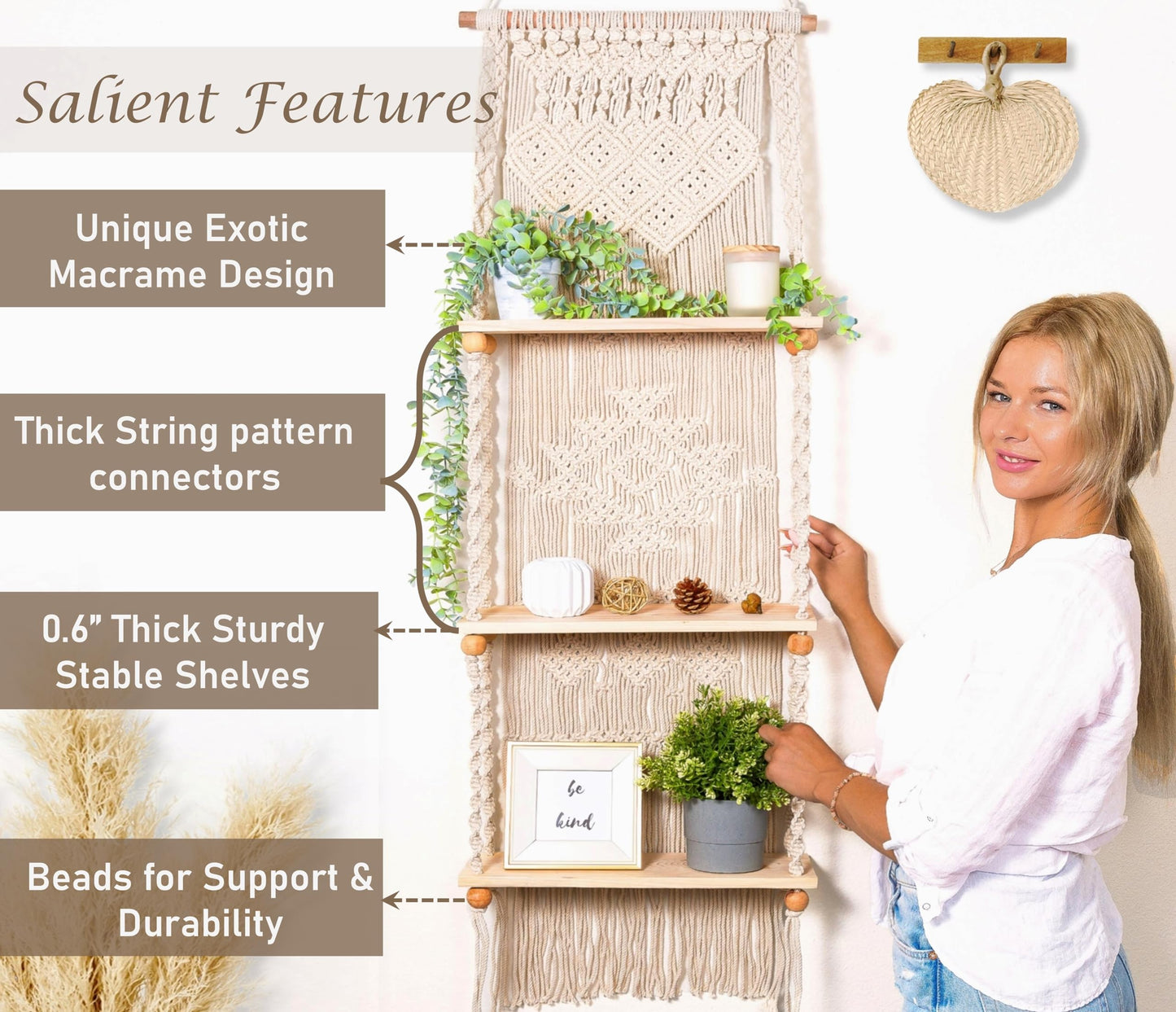 Induslyfe Macrame Wall Hanging Shelf 3 Tier Boho Wall Plant Hanger Shelves, Handmade of Woven Rope Boho Shelves Organizer for Living Room Bathroom Home Storage Floating Plant Rack Bohemian décor