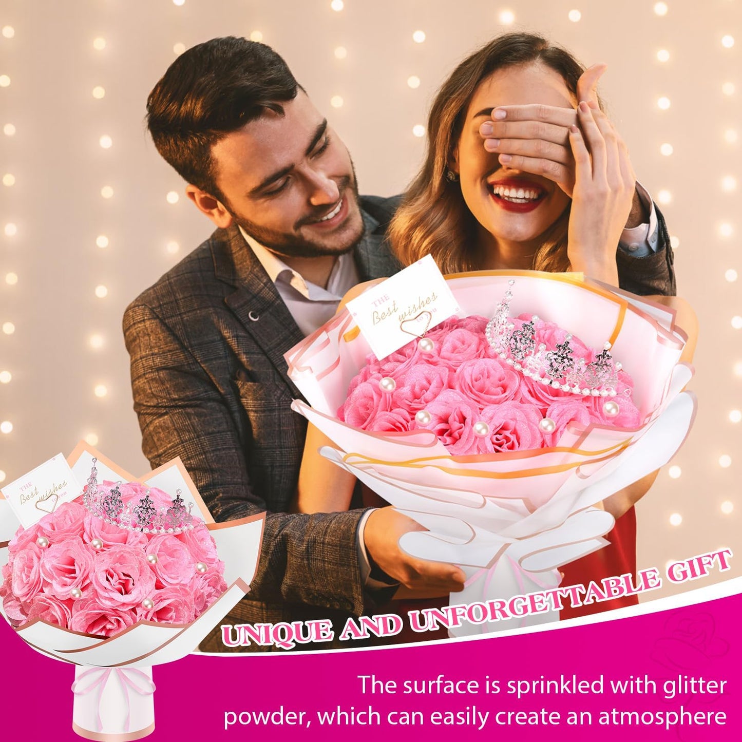 TLY Glitter Roses Bouquet,24 Pcs Pink Flower Bouquet,Birthday Gifts for Women,DIY Artificial Flowers for Mom Grandma Wife Girlfriend Mother's Day Graduation Anniversary Engagement Wedding