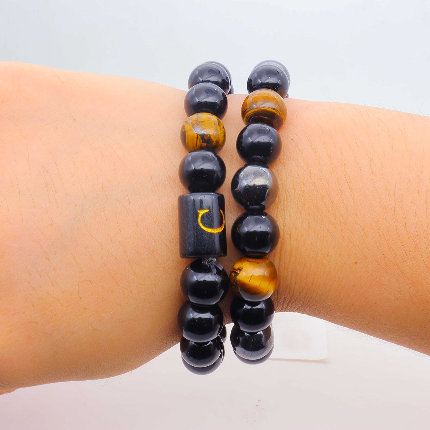 ZZ ZINFANDEL Initial Letter Black Obsidian Beaded Bracelets for Men, Mens Triple Protection Bracelet,10mm Natural Black Onyx Tiger Eye Stone Beads Bracelets (C)