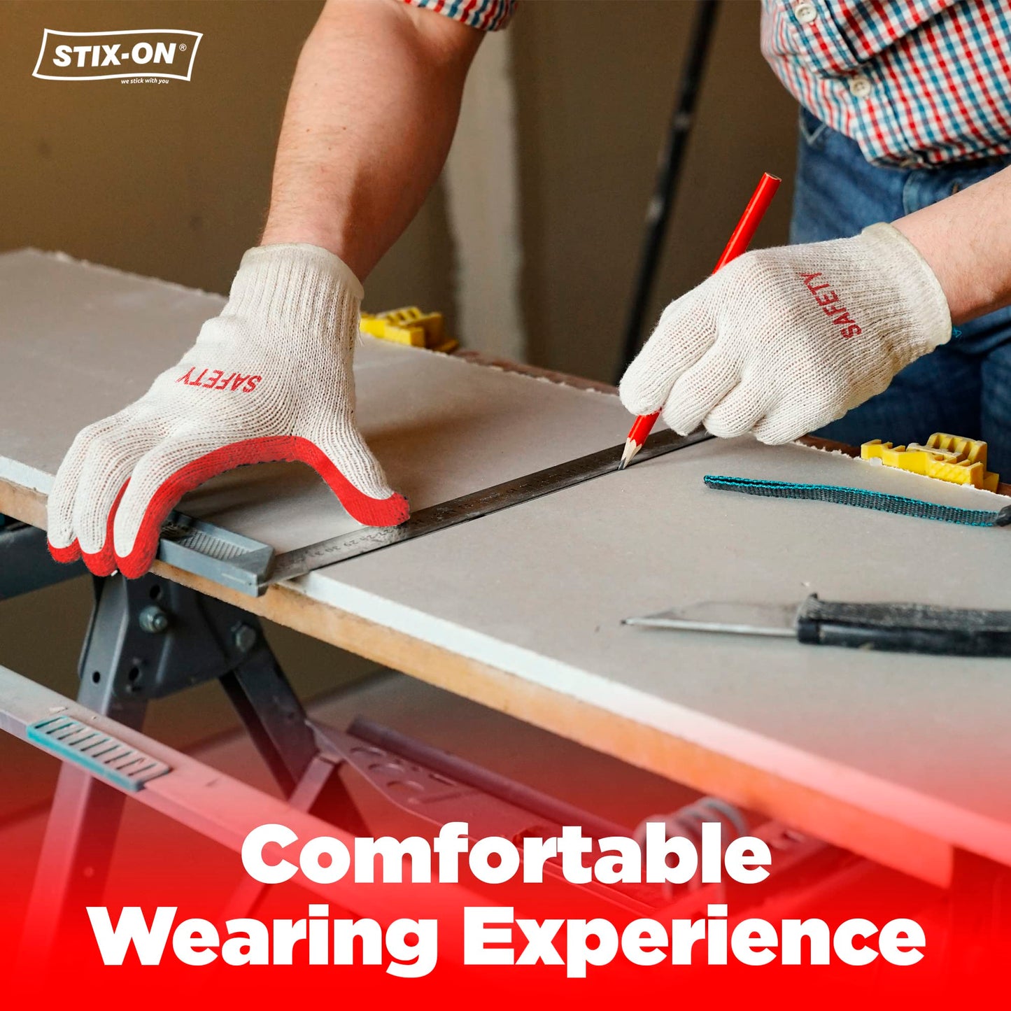 STIX-ON SAFETY Non-Slip 100 Pairs Work Construction Gloves - Red Latex Cotton Working Nitrile Rubber Palm Coated Garden Medium/Large (Pack of 100)