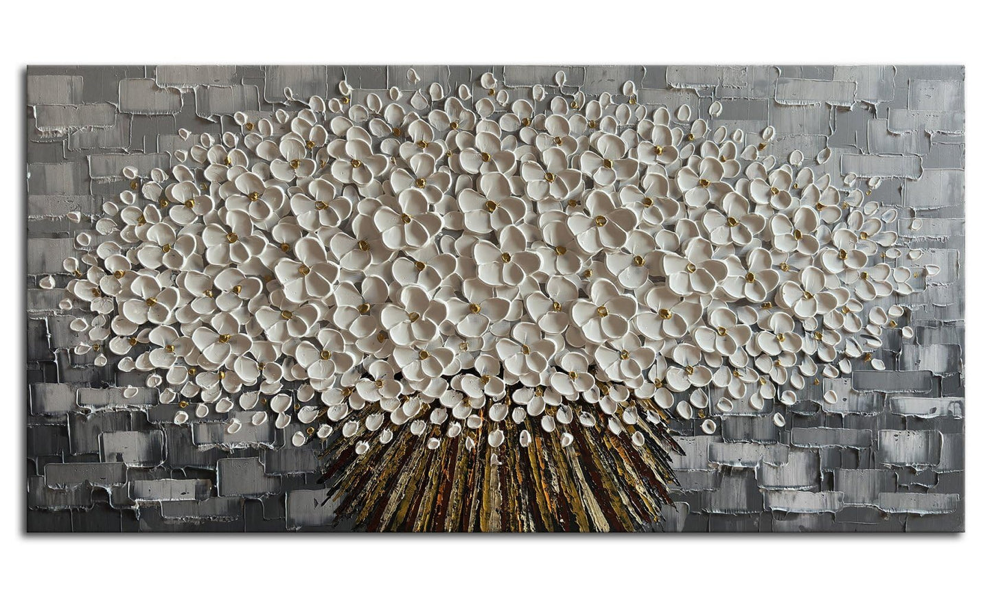 Alenoss Gray and White Abstract Floral, 3D Textured Flower Painting, Modern Living Room Wall Art, Gray Canvas Wall Decor