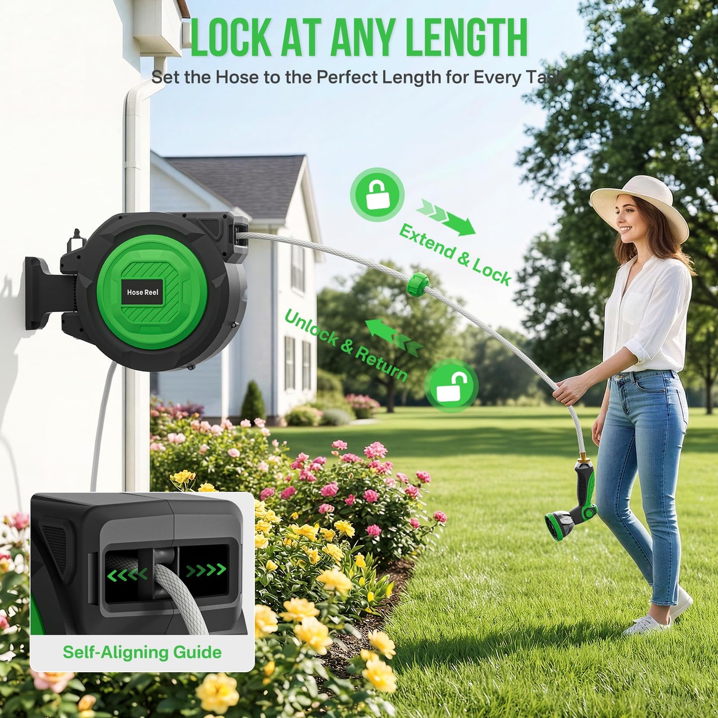 Retractable Garden Hose Reel, 1/2 in x 100 ft Heavy Duty Wall-Mounted Hose Reel with 180° Swivel Bracket, 10-Pattern Nozzle, Automatic Slow Return System, Any Length Lock for outside Watering,Cleaning