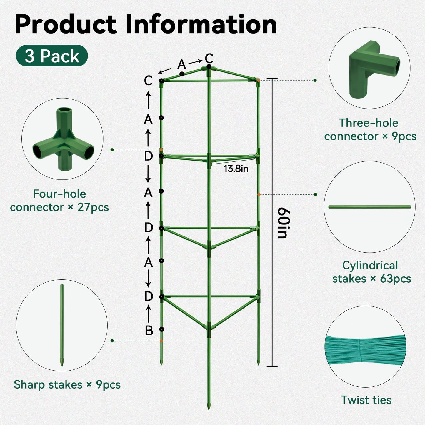 Halatool 3 Pack Tomato Cages for Graden 60 Inch, Adjustable Metal Tall Heavy Duty Tomato Trellis Plant Support, Foldable Tomatoes Stakes for Climbing Vegetables Flowers Fruits