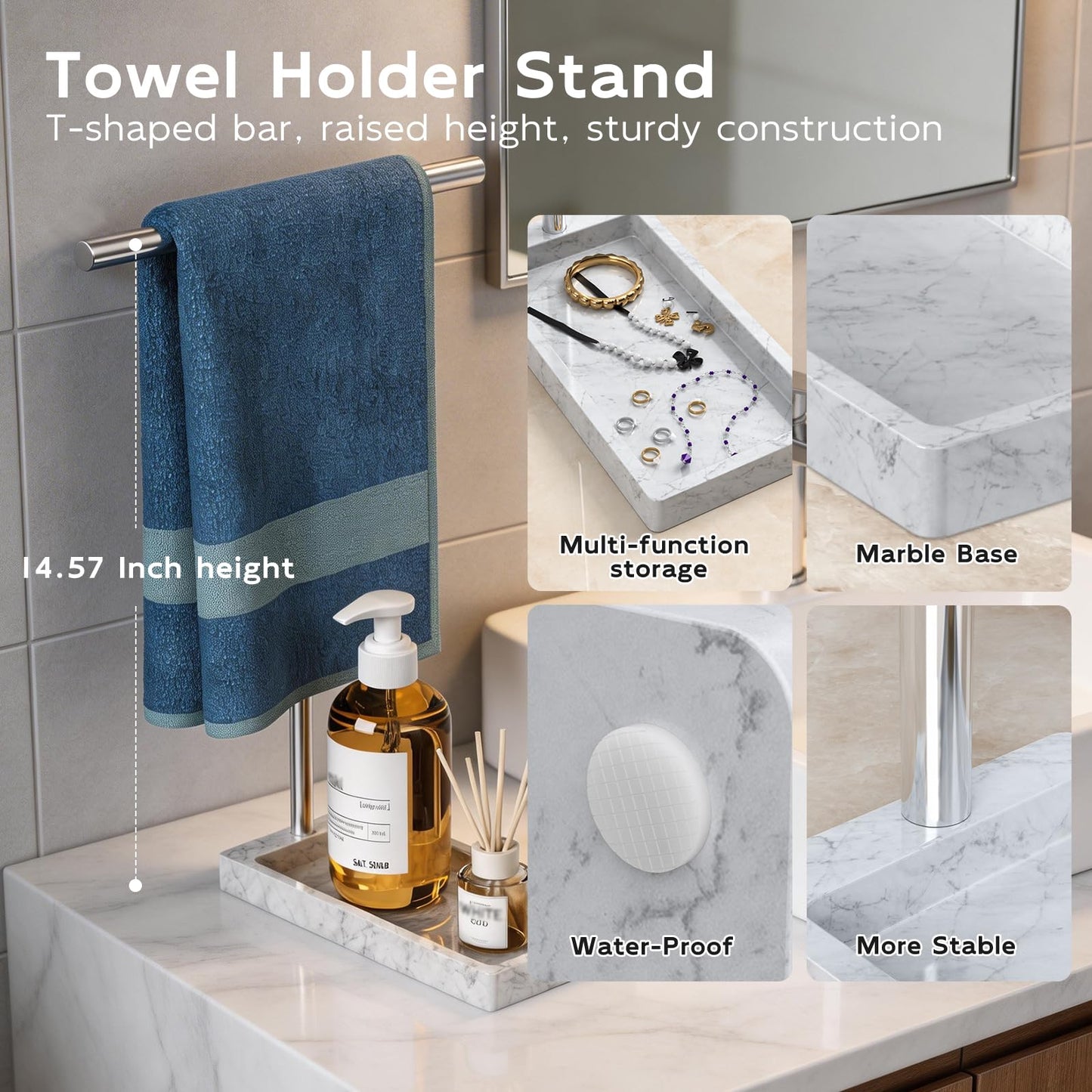 Volnamal Hand Towel Holder, 2 in 1 T-Shape Hand Towel Stand for Bathroom with Marble Base Tray, Hand Towel Rack Standing for Vanity Kitchen Countertop, Stainless Steel (Brushed)