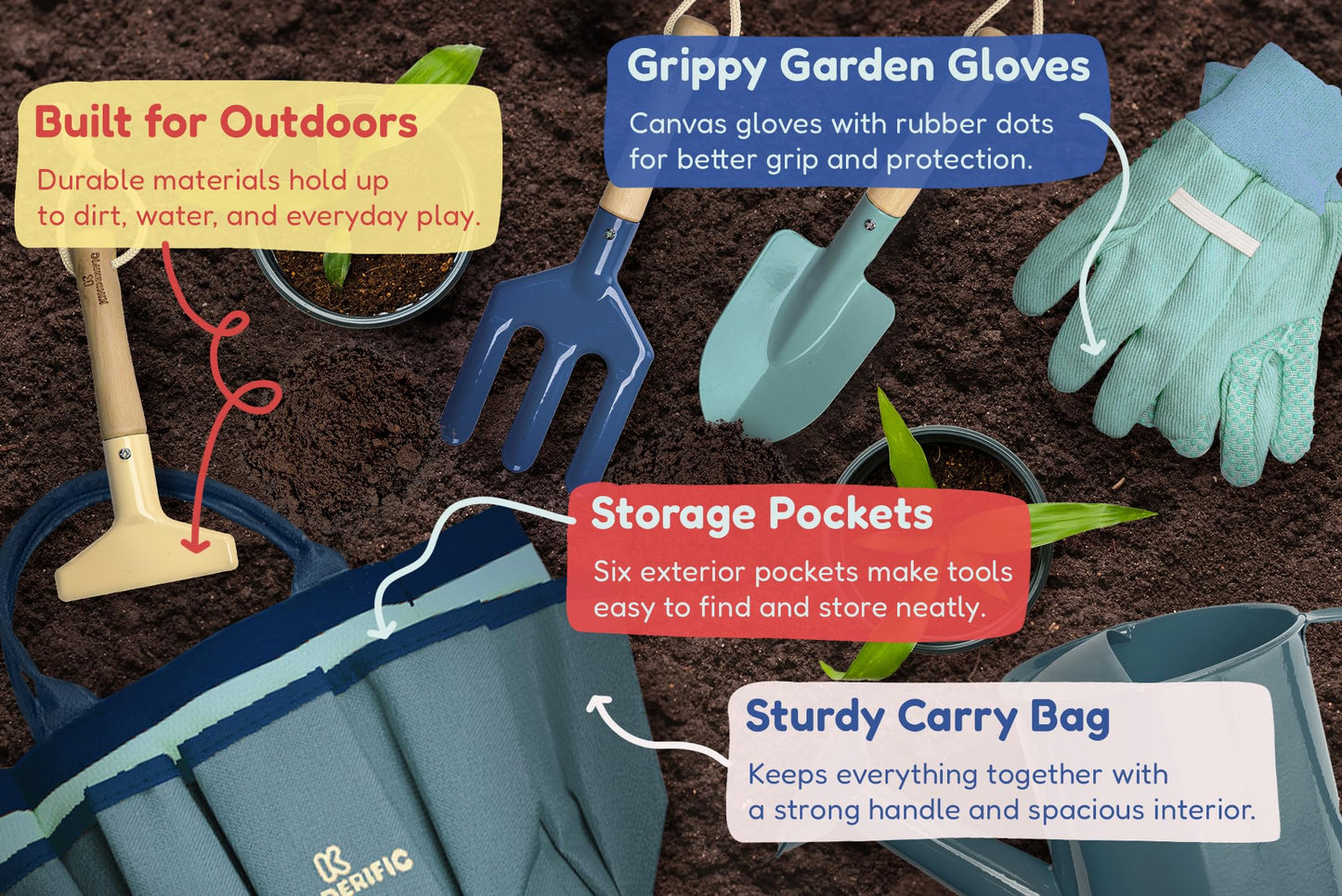 Kinderific Gardening Set, Tool Kit, for Kids, STEM, Includes Tote Bag, Spade, Watering Can, Rake, Fork, Trowel and Gloves (Ocean Blue)