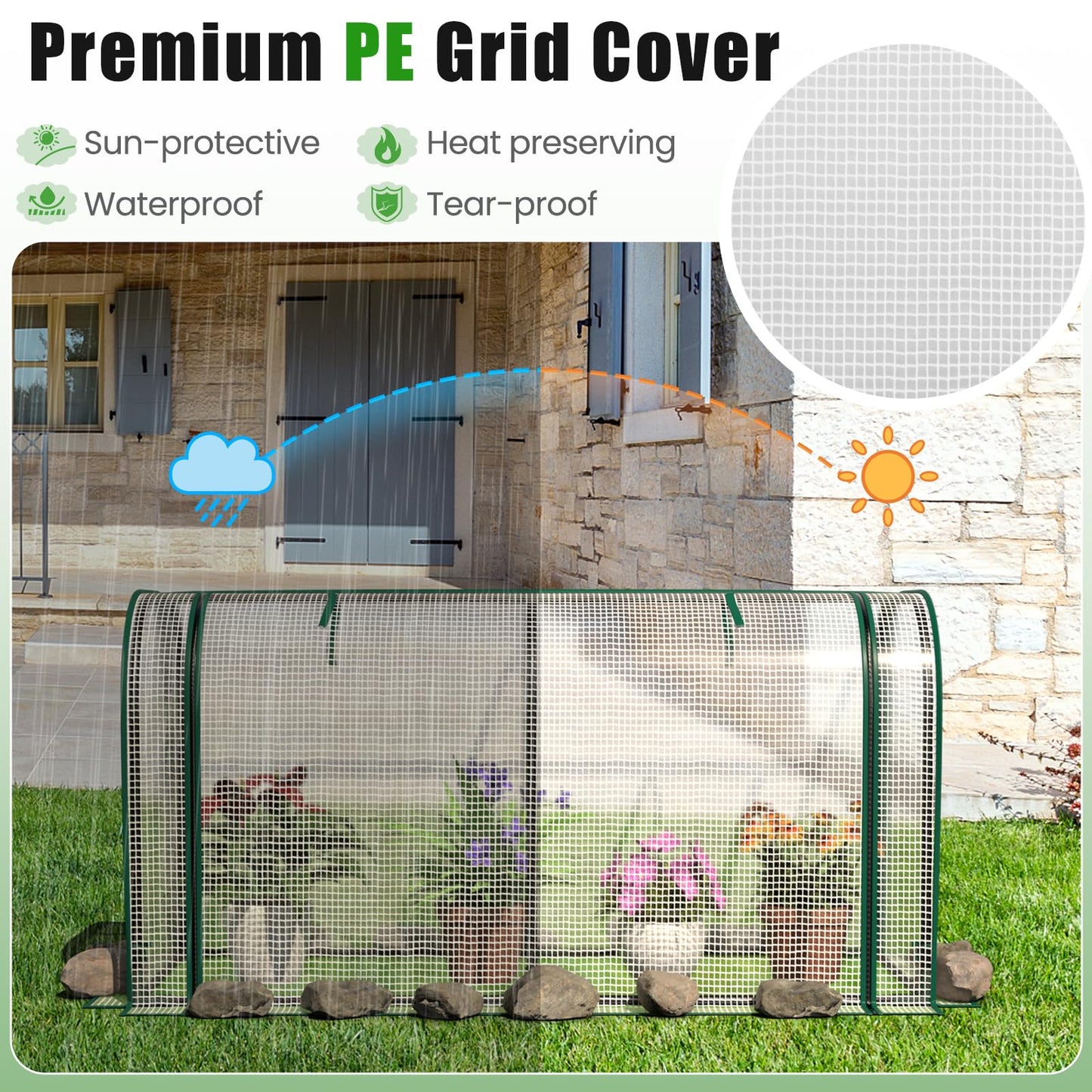 Giantex Raised Garden Bed with Cover, Wood Elevated Planter Box with Legs & Mini Greenhouse, Waterproof Sun-Protective PE Green House Cover, Outdoor Use for Fruit Vegetable Flower Herb (White+Natural)