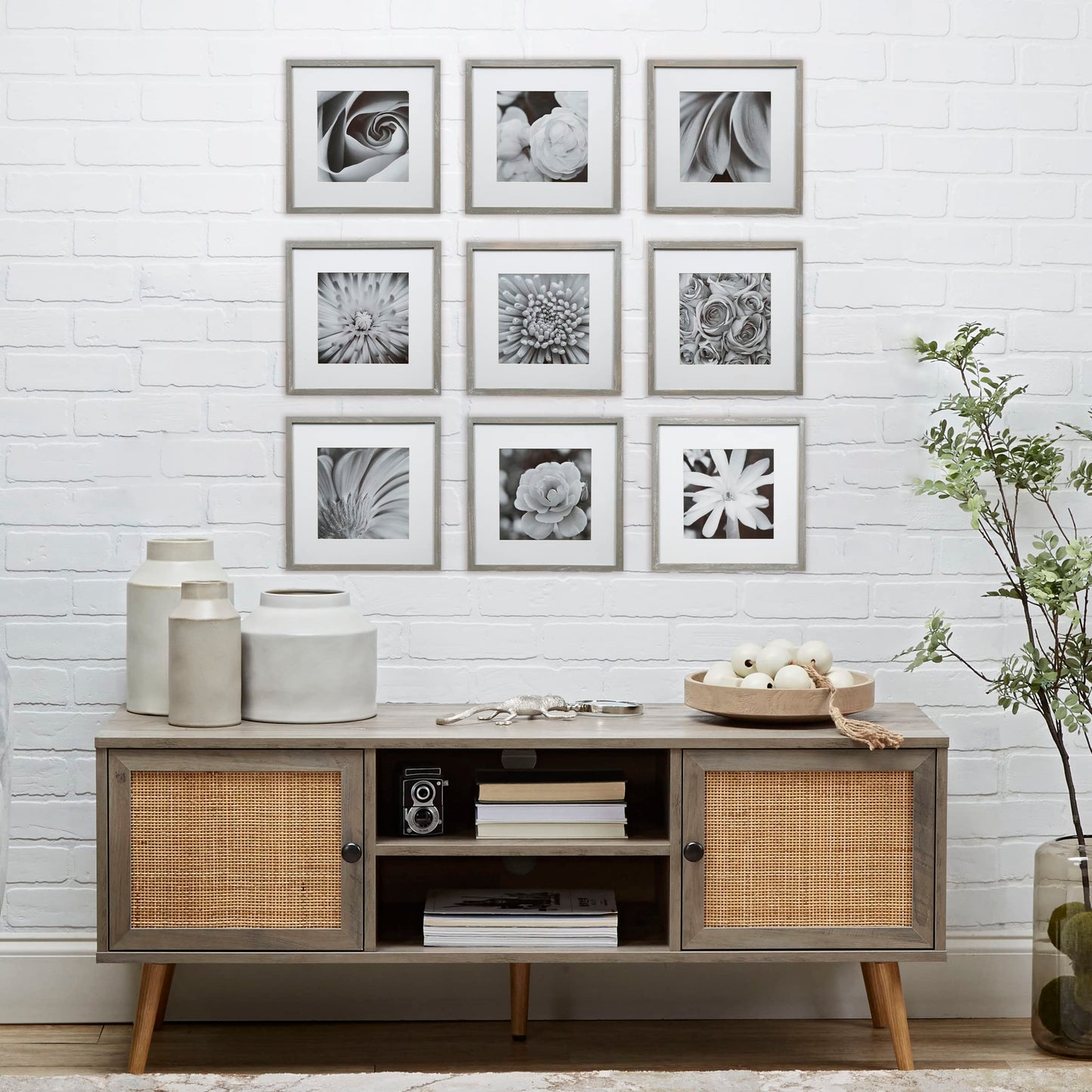GALLERY PERFECT 12x12 Picture Frames, 9 Piece Set with Real Glass Cover for 8x8 Photos With Mat, Picture Frames Collage Wall Decor for Gallery Wall, Home Decor, Grey