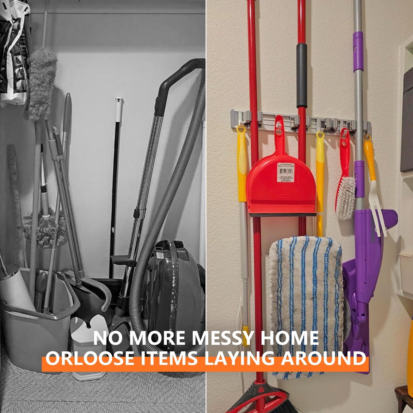 reliahom Broom Holder Wall Mount, 2 Pack 5 Racks with 4 Hooks Silver - Mop Storage Tool Racks, Broom Hanger Tool Organizer for Garage, Kitchen, Garden, Laundry Room
