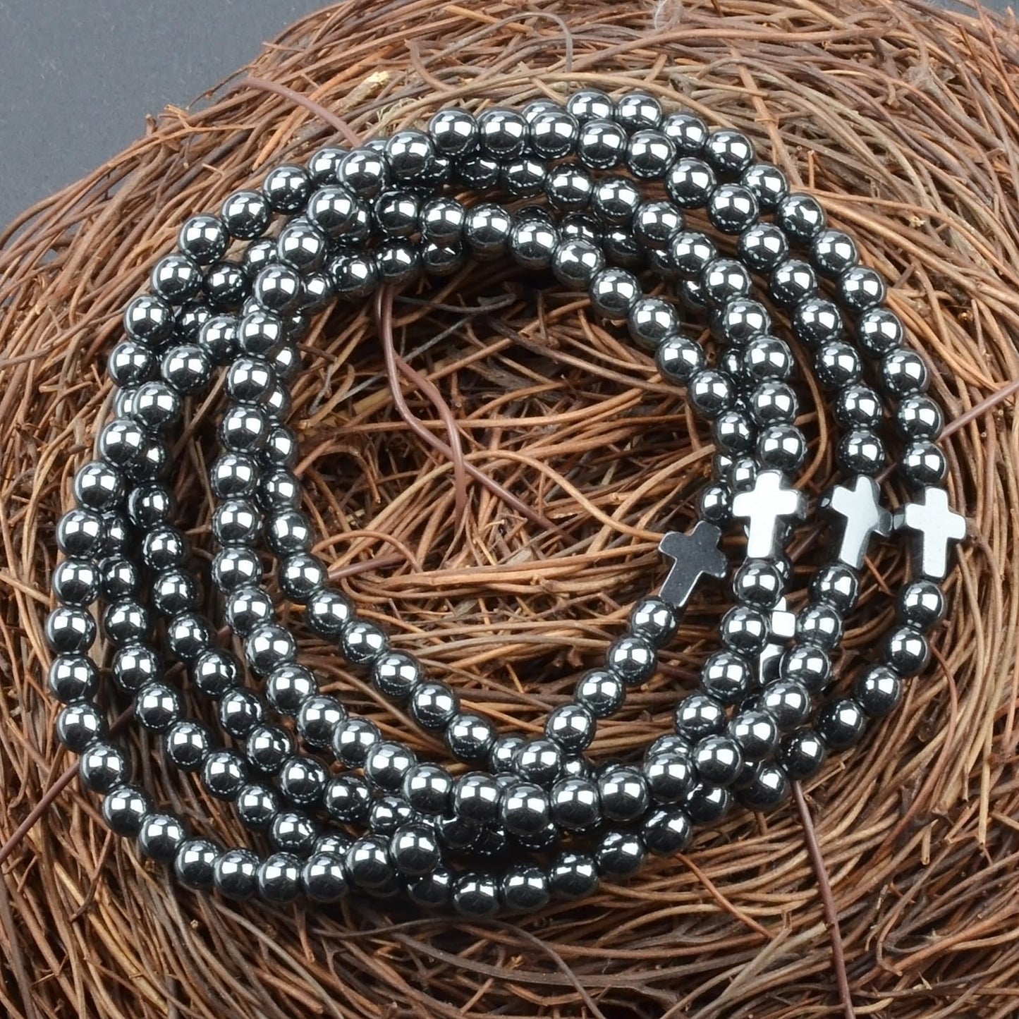MASSIVE BEADS Hematite and Cross - Belief Faith Handmade Handmade Yoga Stretch Elastic Bracelet Natural Stone Crystal Healing Power Energy Gifts for Unisex Adult 4mm