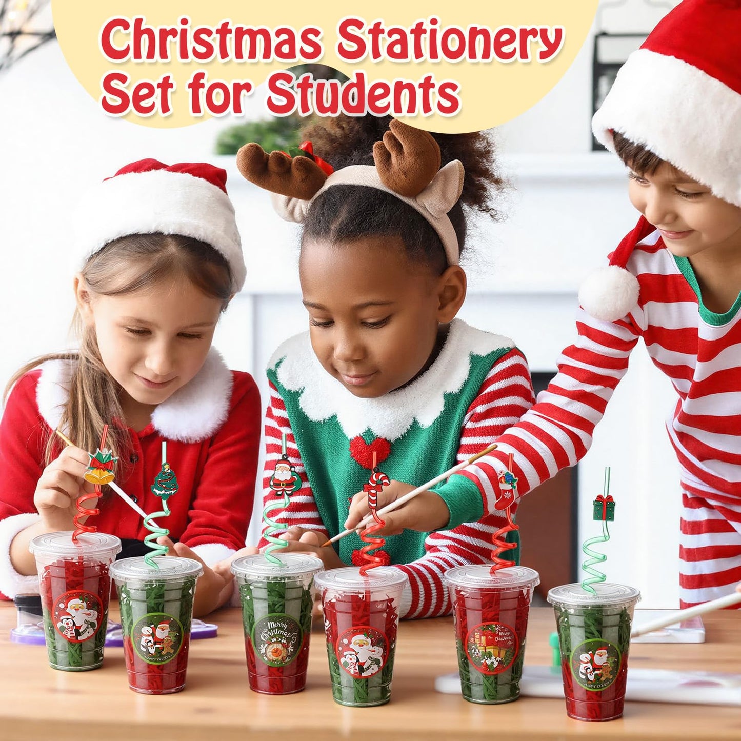 Vesici 124 Pcs Christmas Plastic Cups Bulk with Lids Straws Stickers Raffia Snowman Santa Claus Plastic Cups Xmas Disposable Clear Mugs Party Favor Holiday Birthday Wedding Party Supplies, 24 Sets
