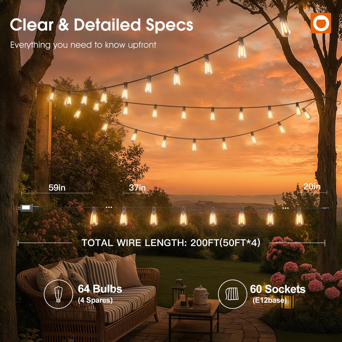 addlon 198FT Outdoor String Lights for Outside with Remote Waterproof Patio Lights with Plastic ST38 LED Edison Bulbs Outdoor Lighting Extra Long for Backyard Bistro Porch Garden Pergola Party Decor