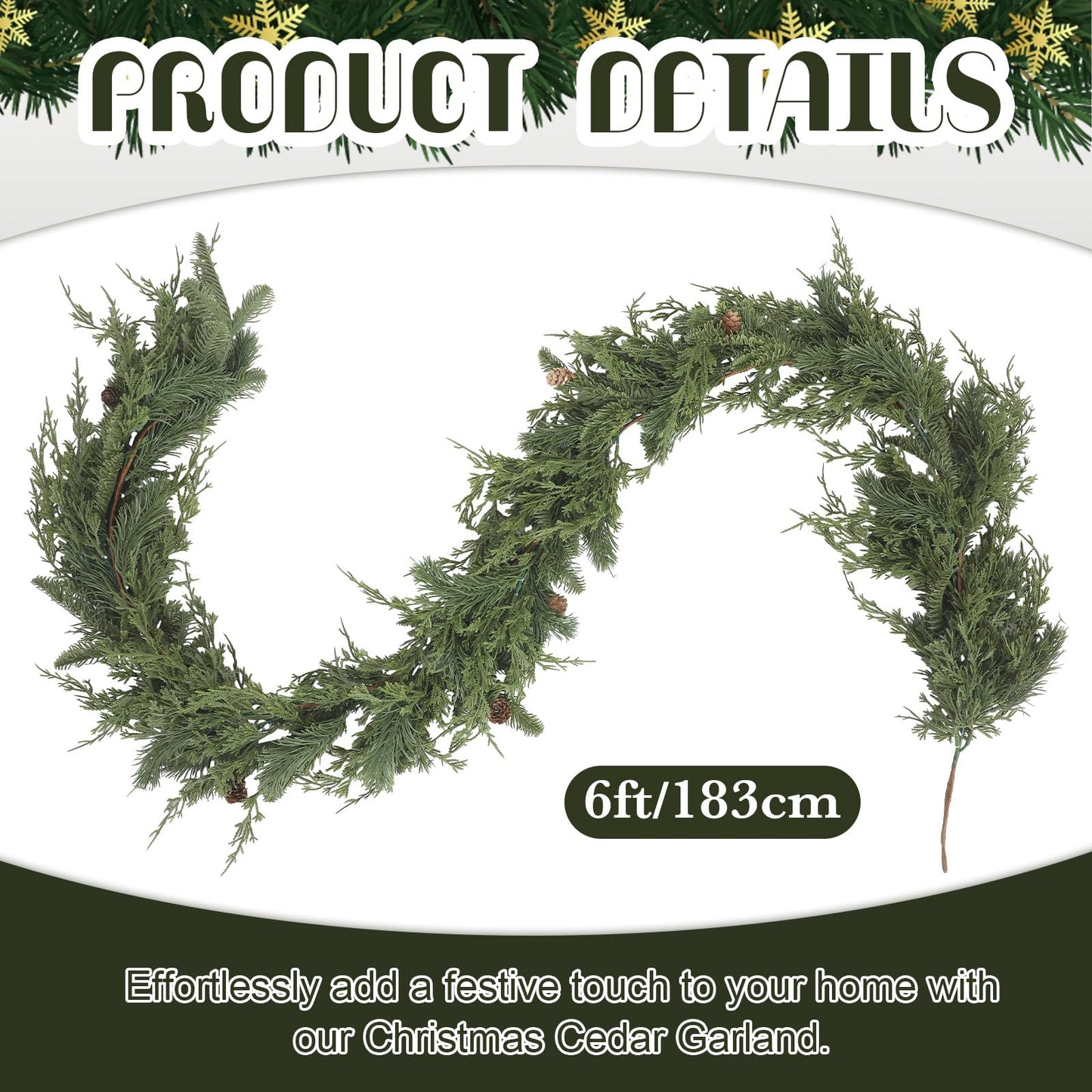 Daifunli 1 Pcs 6 ft Christmas Cedar Garland Greenery Realistic Cedar Pine Needles Garland Artificial Decoration for Table, Mantel, Wall, Home Winter Holiday Party Decor