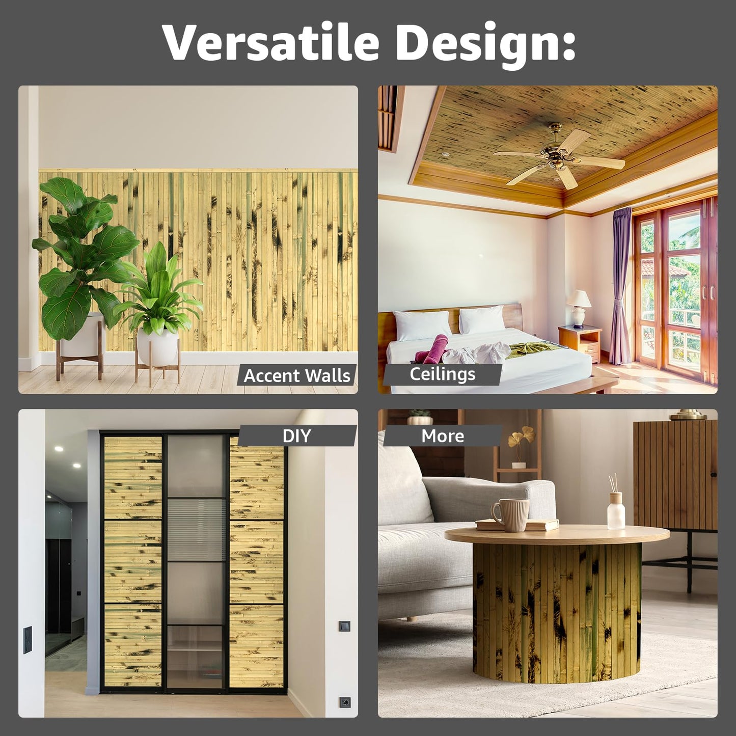 Art3d Natural Bamboo Wall Panel for Interior Wall Decor, Renewable Pole Wrap Wainscoting Paneling for Wall Ceiling Furniture Cabinet Office, 48 x 96 Inch - Light Burned