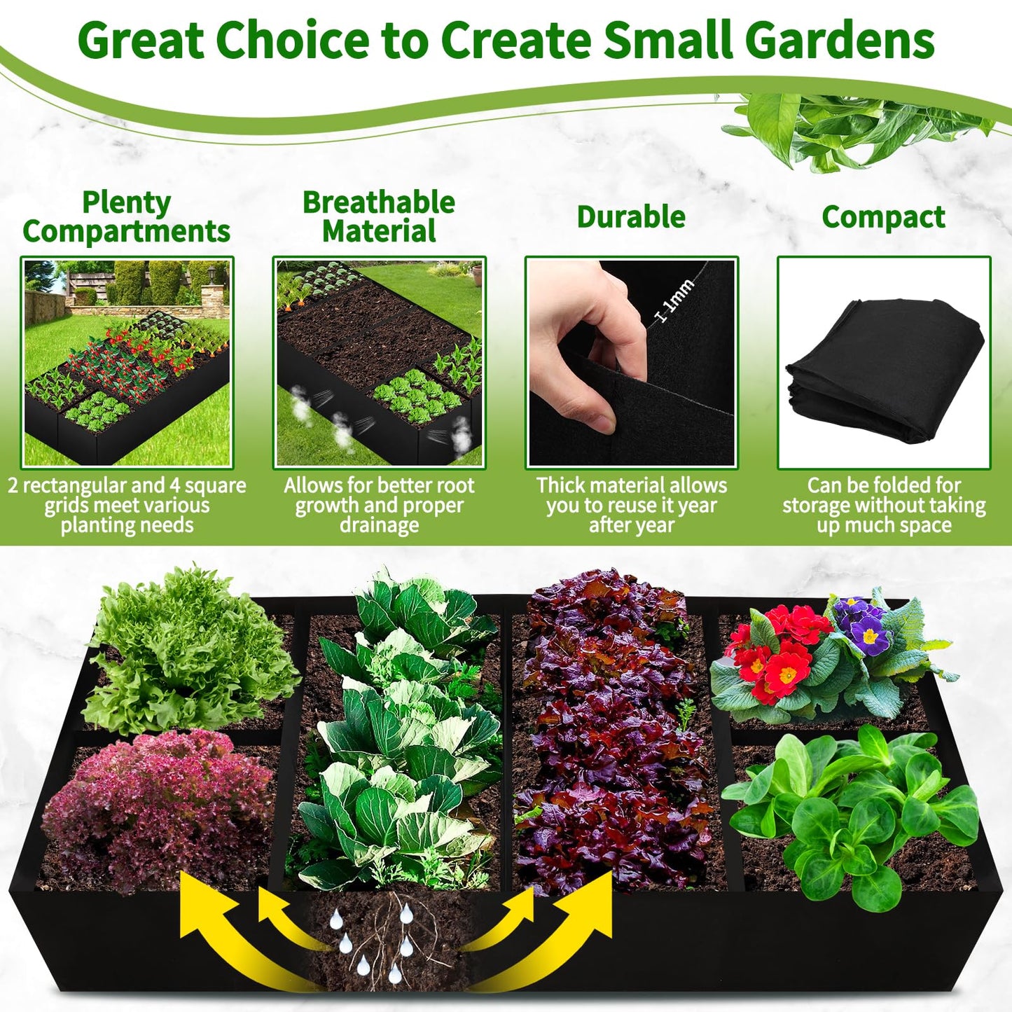 Fabric Raised Garden Bed, 6 x3 x1 FT Large Garden Grow Bags Rectangle Breathable Planting Containers with 4 Grids Reusable Heavy Pot Garden Tools for Vegetables Flowers Plants(128 Gallon Vol.)