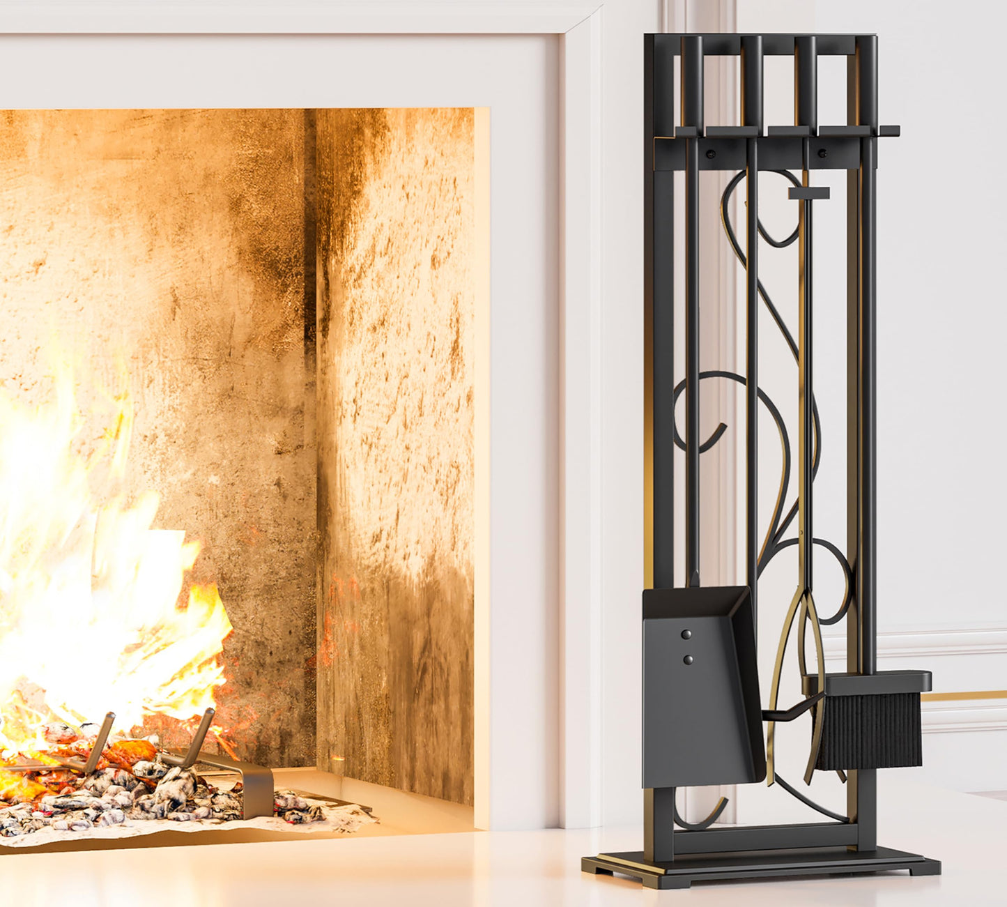 Kingson 5-Piece Heavy Duty Wrought Iron Fireplace Tool Set - Durable Indoor & Outdoor Fireplace Accessories with Decorative Black Finish - Stylish and Functional Hearth Décor for Fireplaces