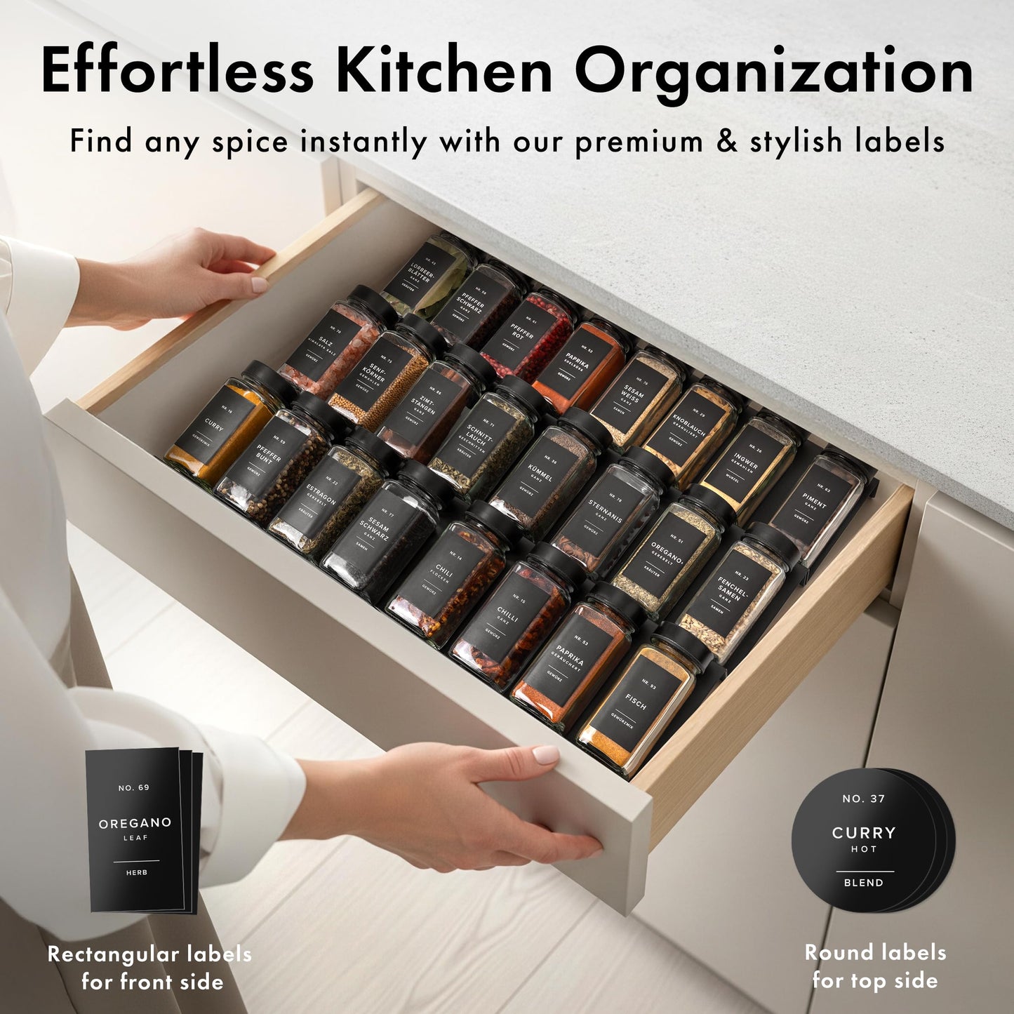 EDELHAUS Glass Spice Jars with Label and Black Lids (24 x 4oz) Spice Containers with 240 Labels, Shaker Inserts, Steel Funnel, Empty Square Empty Square Seasoning Organizer