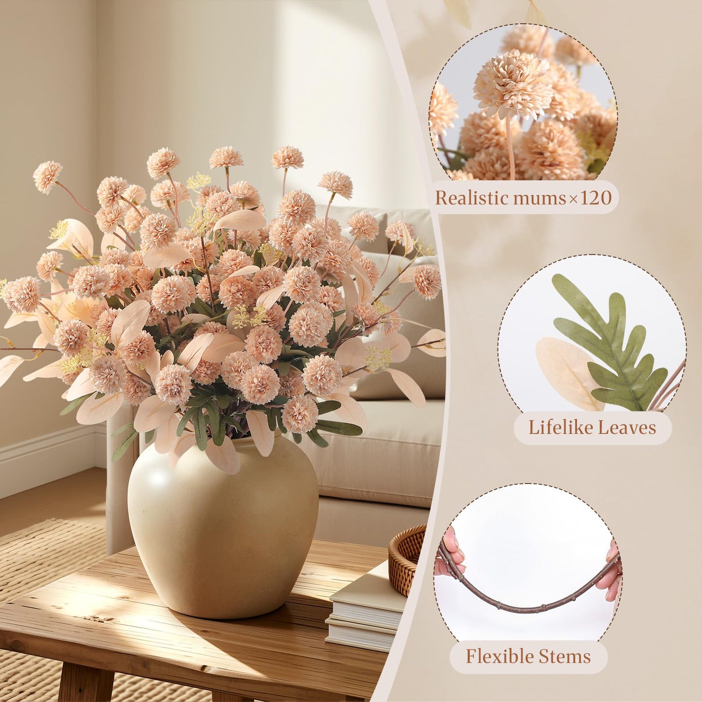 Alupssuc 16PCS Faux Silk Pompon Mums Artificial Flowers with Eucalyptus, Fake Chrysanthemum Floral for DIY Vase Arrangement, Long Stem Dining Table Centerpiece Home Decor, Beige